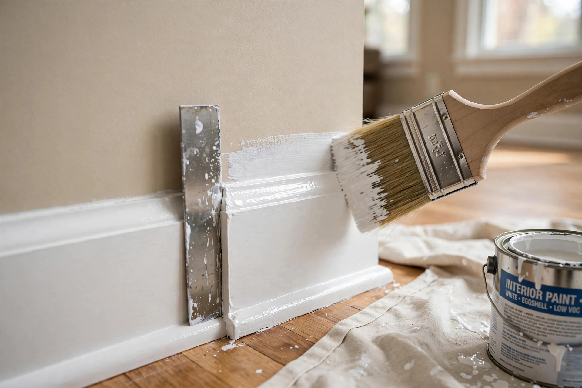 painting baseboards without tape tips usa: Freshly painted white baseboard with a crisp edge, no tape needed