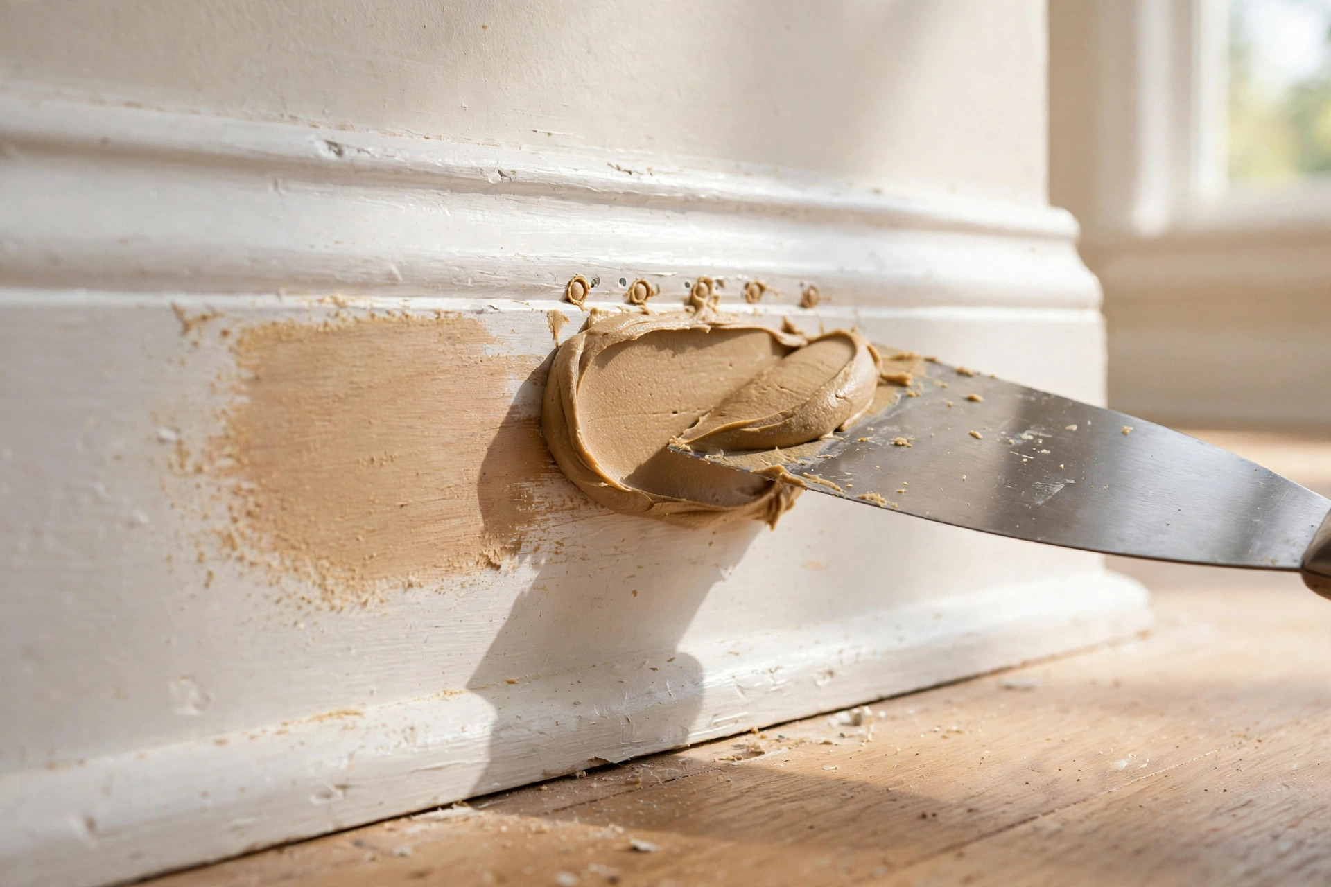 best wood filler for trim reviews usa: Wood filler applied to white painted baseboard trim