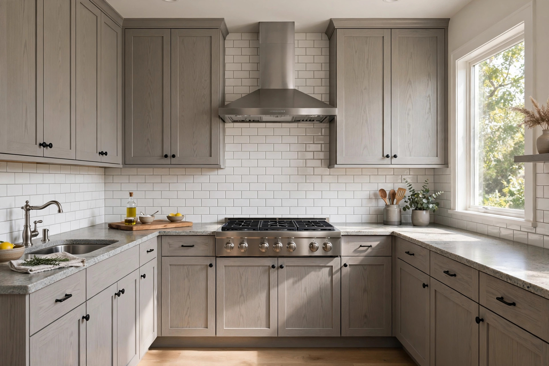 painting oak cabinets gray cost usa: Freshly painted gray oak kitchen cabinets in an American kitchen
