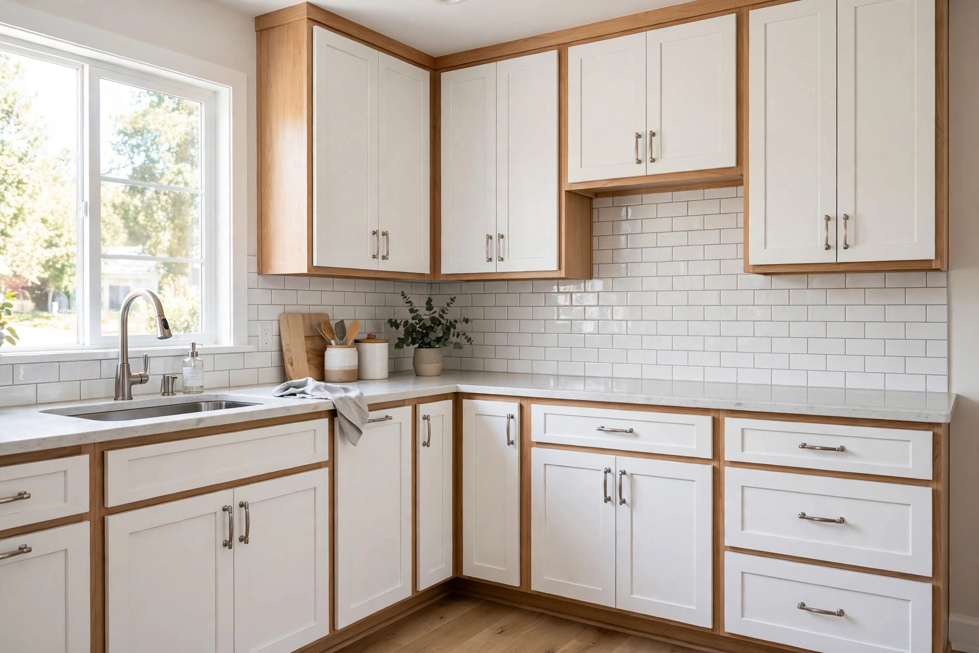 cabinet refacing cost per linear foot usa: Refaced kitchen cabinets in an American home