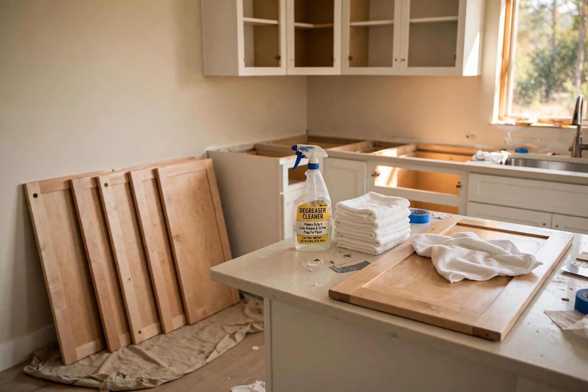 Kitchen cabinets being wiped clean with a degreaser before painting, best degreaser before painting cabinets usa