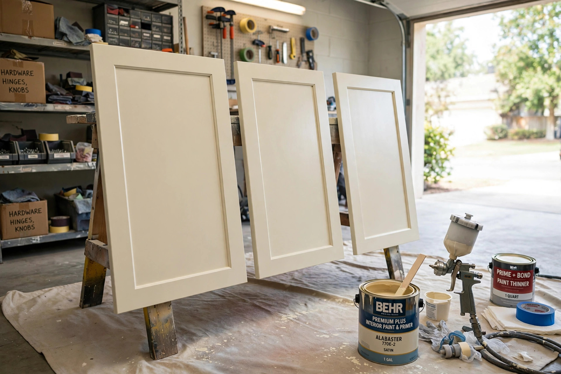 spray vs brush painting cabinets guide usa: Kitchen cabinet doors being prepared and painted in a home