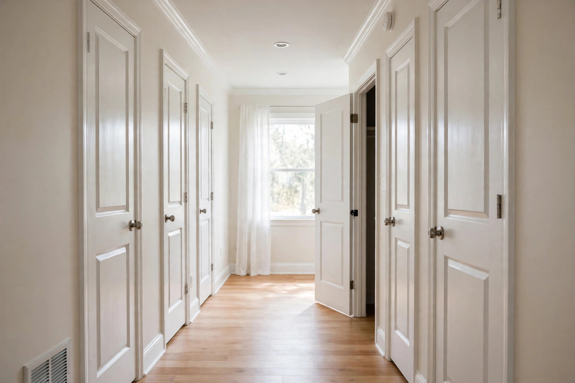 painting hollow core doors tips usa: Painted hollow core doors in a bright American hallway