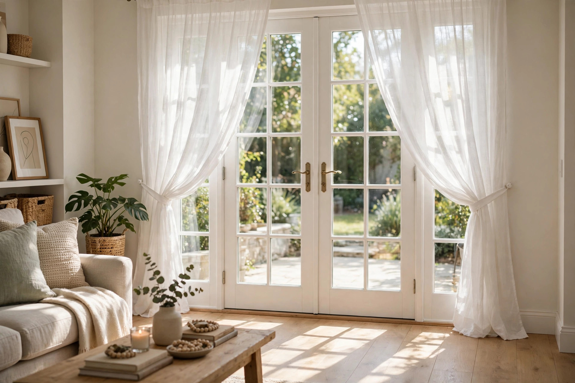 french door curtain ideas for patio doors: French door curtains on patio doors in a bright American living room