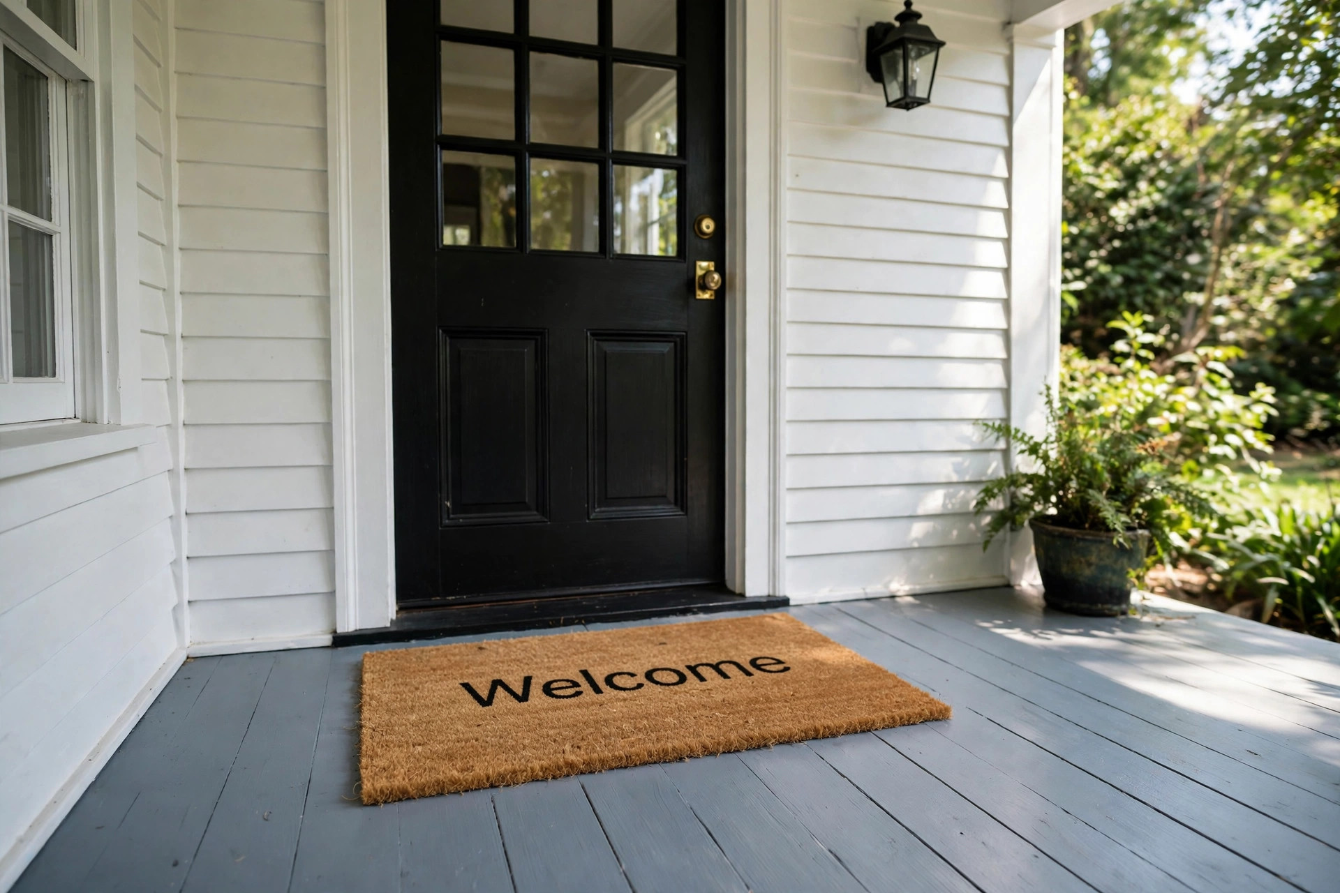 Coir welcome mat on a freshly painted porch with the best welcome mat for painted porch usa