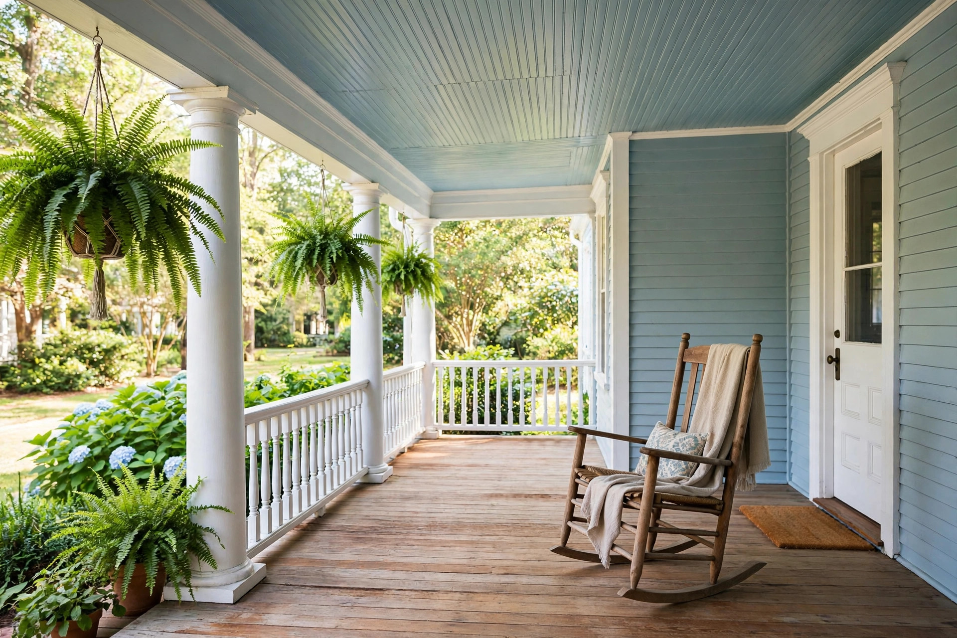 porch ceiling paint colors haint blue usa: Haint blue porch ceiling on a classic American front porch