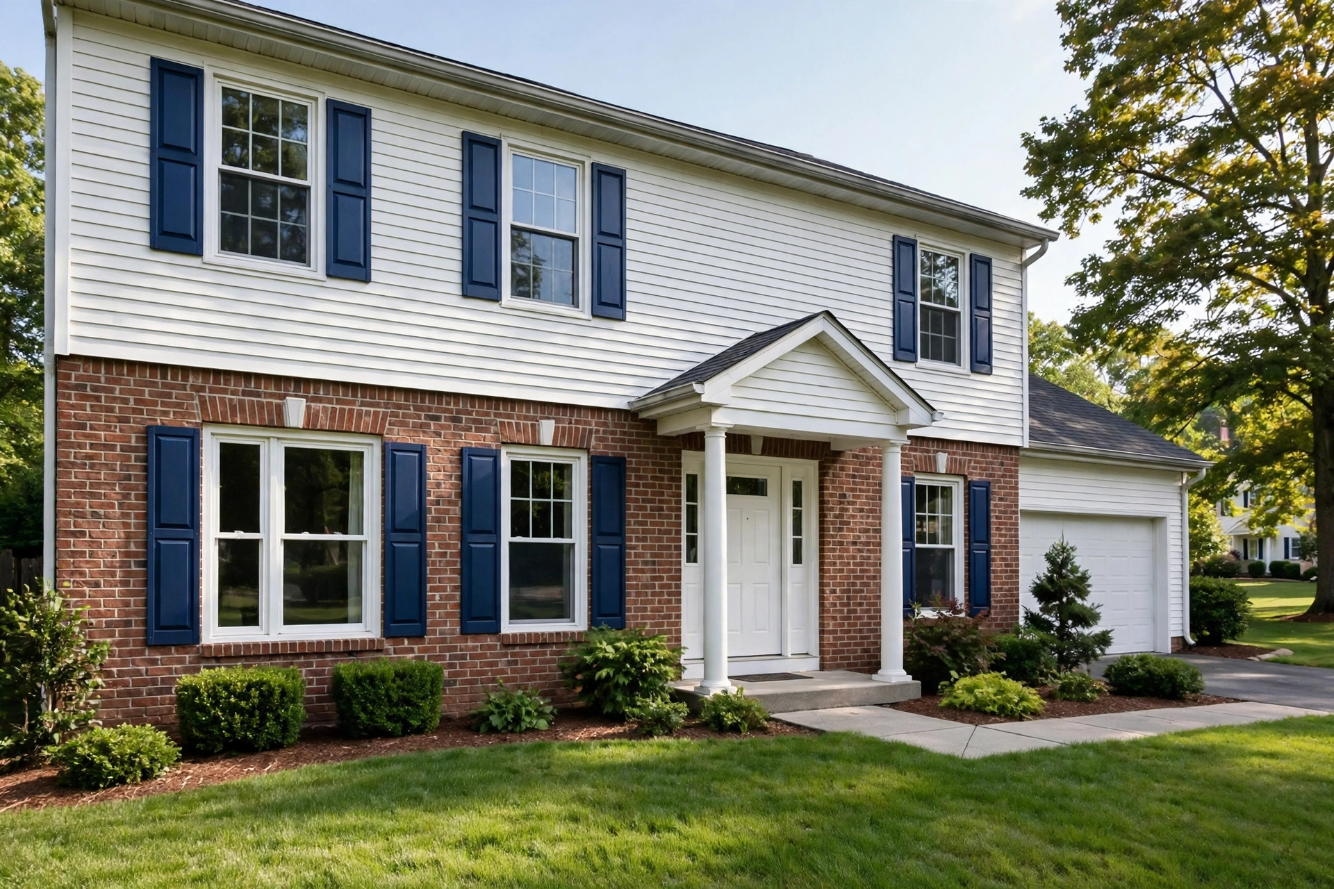 painting vinyl shutters tips and tricks: Painted vinyl shutters on an American home exterior