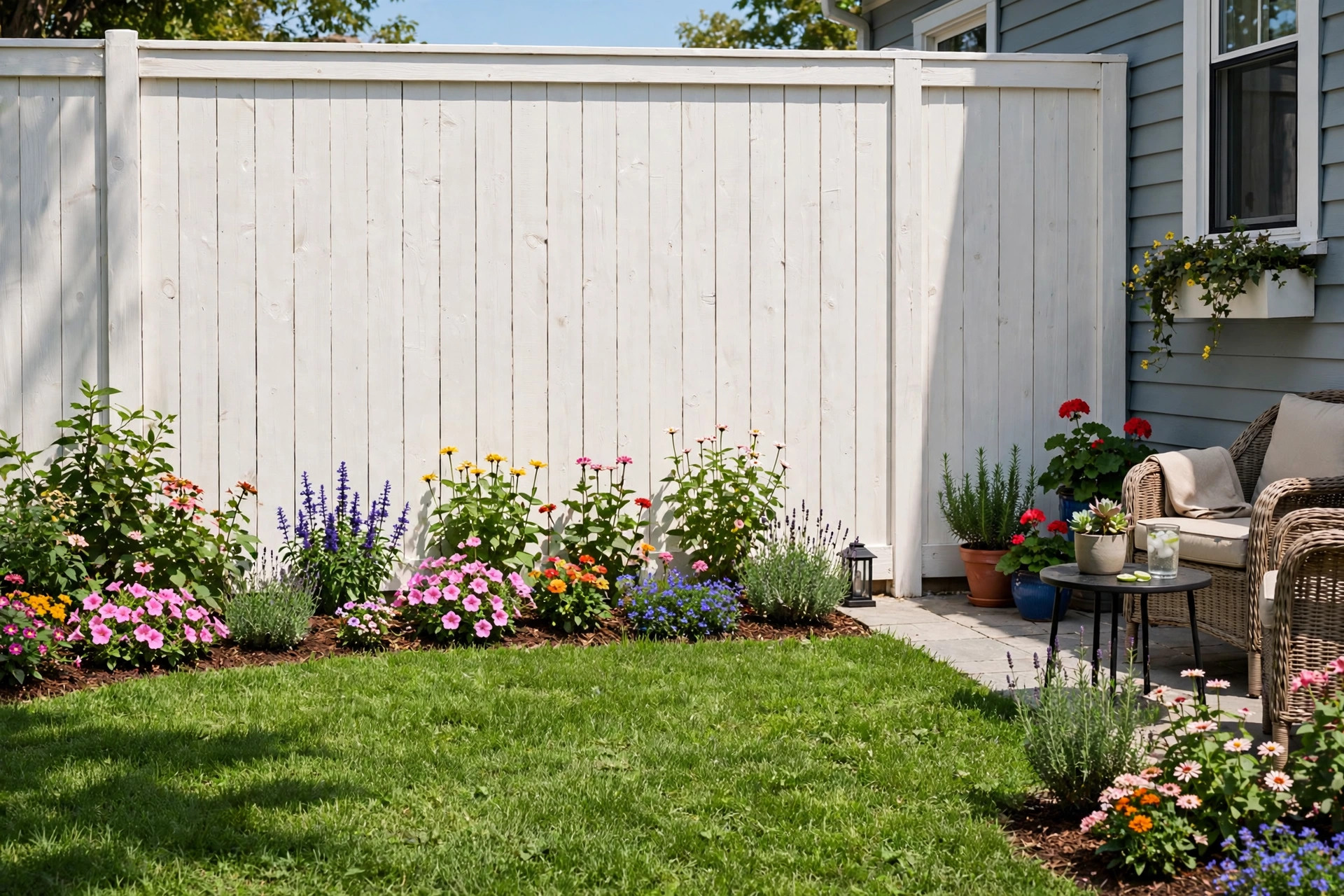 fence paint colors for small yards usa: Painted wooden fence in a light color in a small American backyard