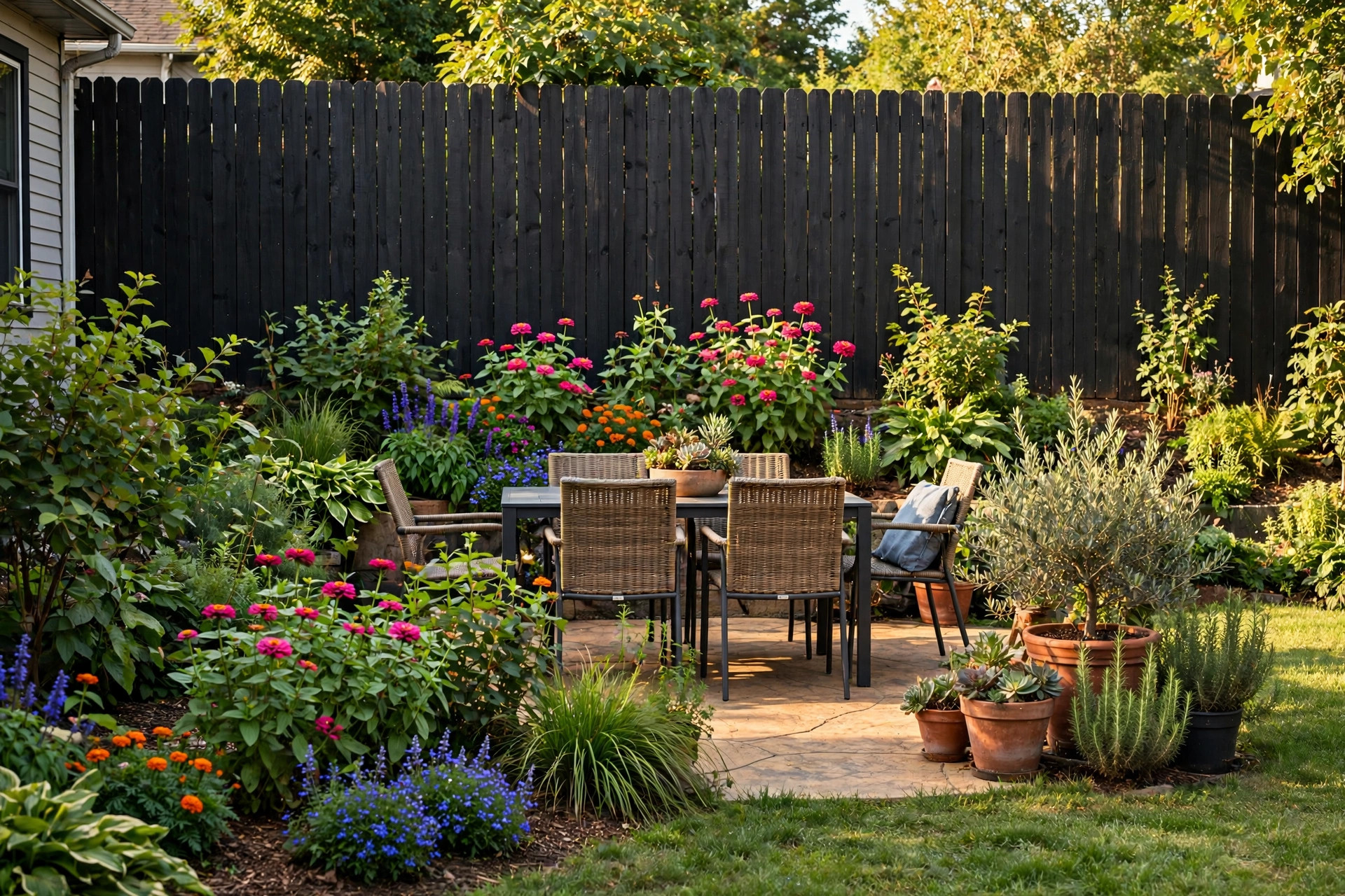 black fence paint ideas for backyard usa: Black painted wooden fence in a sunny American backyard