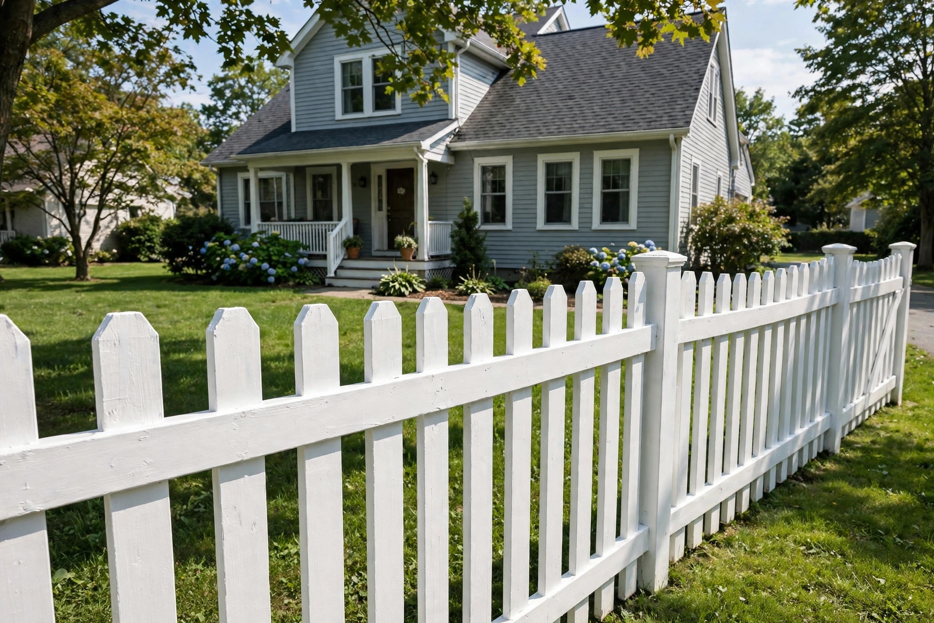 white picket fence paint reviews usa: Freshly painted white picket fence in a sunny American front yard