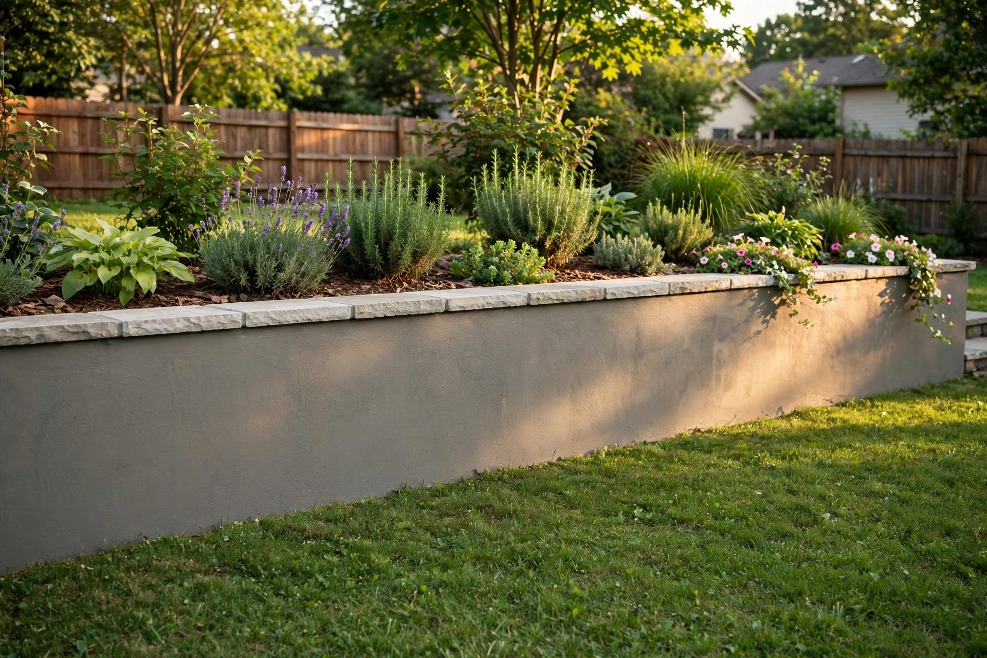 painting concrete retaining wall ideas usa: A painted concrete retaining wall in a suburban American backyard
