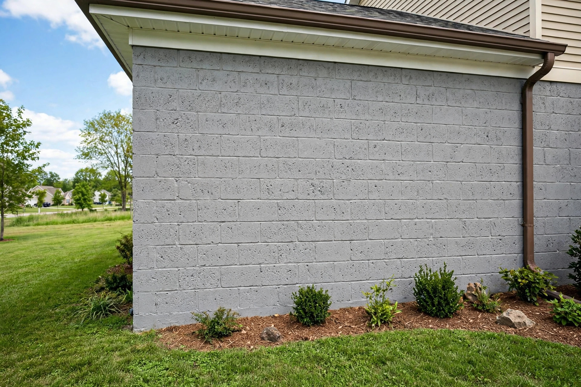 best paint for cinder block exterior usa: Cinder block wall painted white on an American home exterior