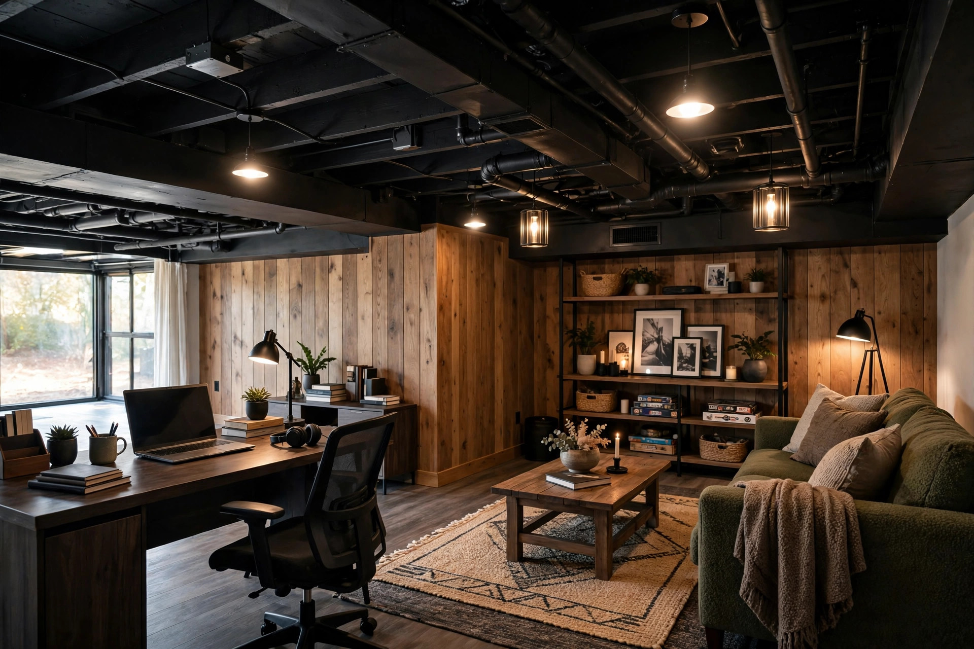 best paint for basement ceiling exposed usa: A basement with an exposed ceiling painted flat black, showing painted joists, ducts, and pipes above a finished living space