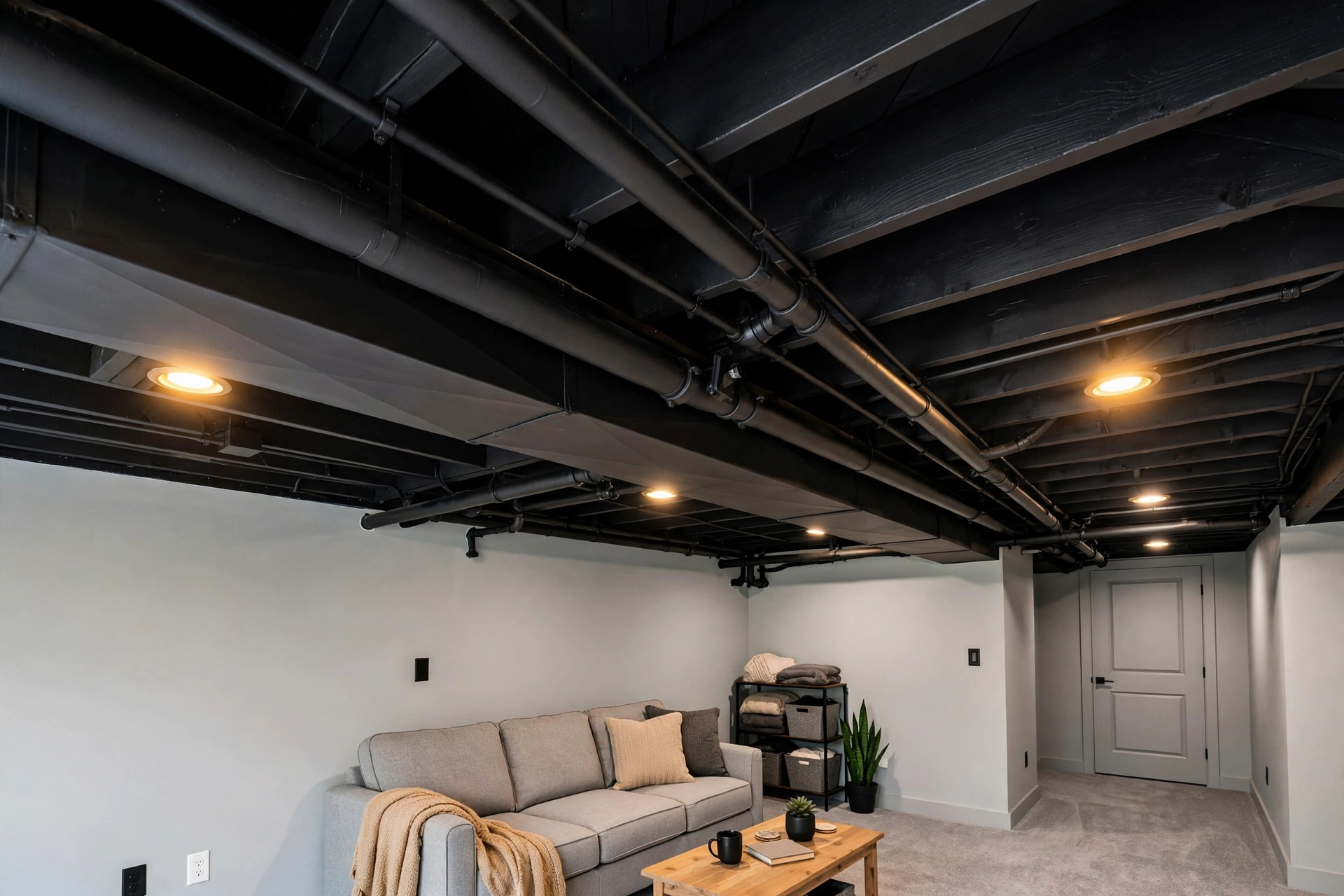 Black ceiling paint for basement reviews: freshly painted flat black basement ceiling over exposed pipes and ducts