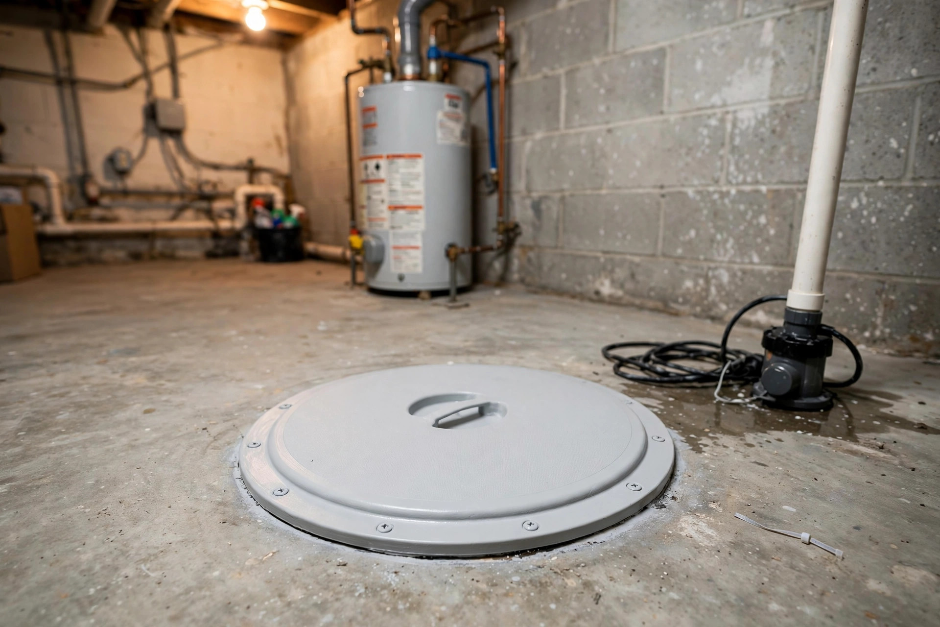 best sump pump pit cover paint usa: Freshly painted sump pump pit cover in a tidy American basement