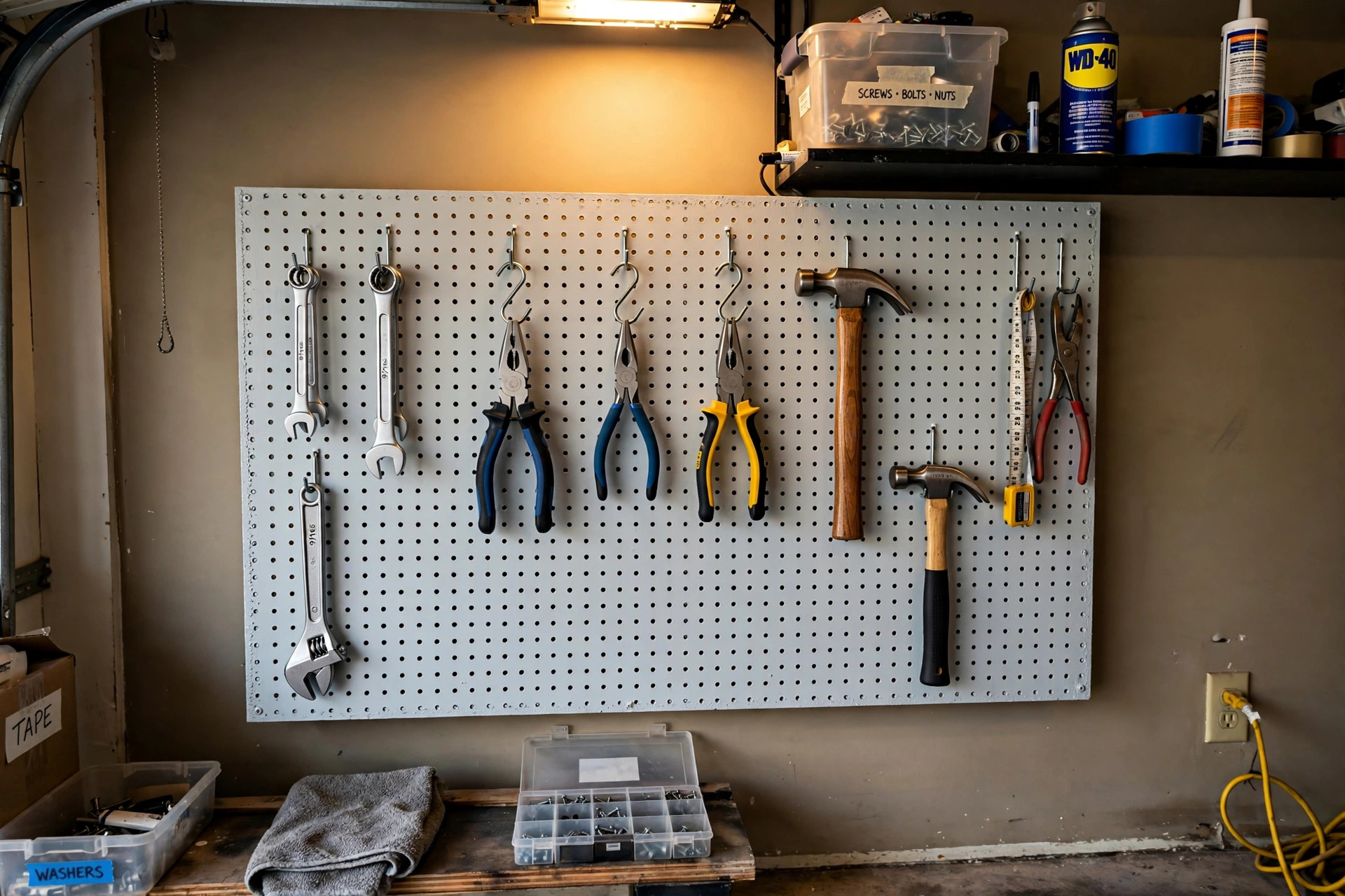 best paint for pegboard in garage usa: A painted pegboard with hanging tools in a clean American garage