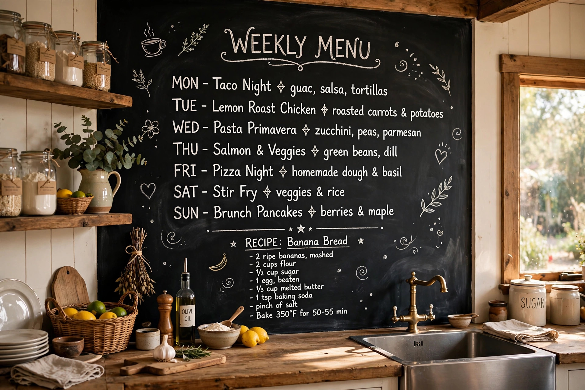 chalkboard paint for kitchen wall reviews: Kitchen wall painted with black chalkboard paint showing chalk menu art