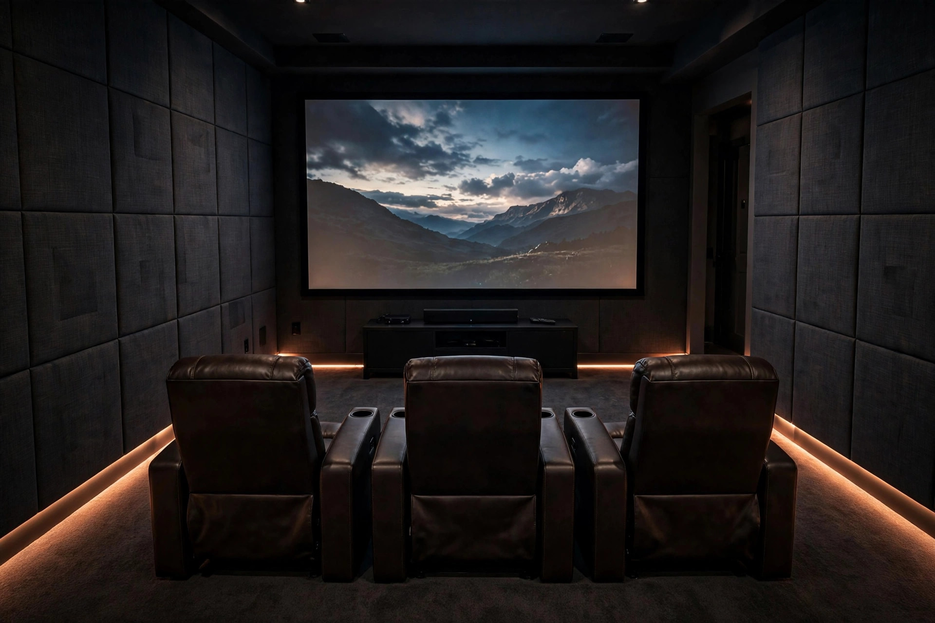 Acoustic wall panels for home theater usa on the walls of a home cinema room