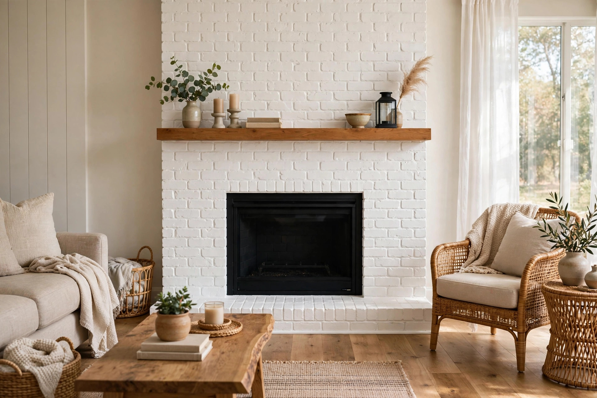 Painted brick fireplace in a bright American living room, the best paint for brick fireplace makeover usa look