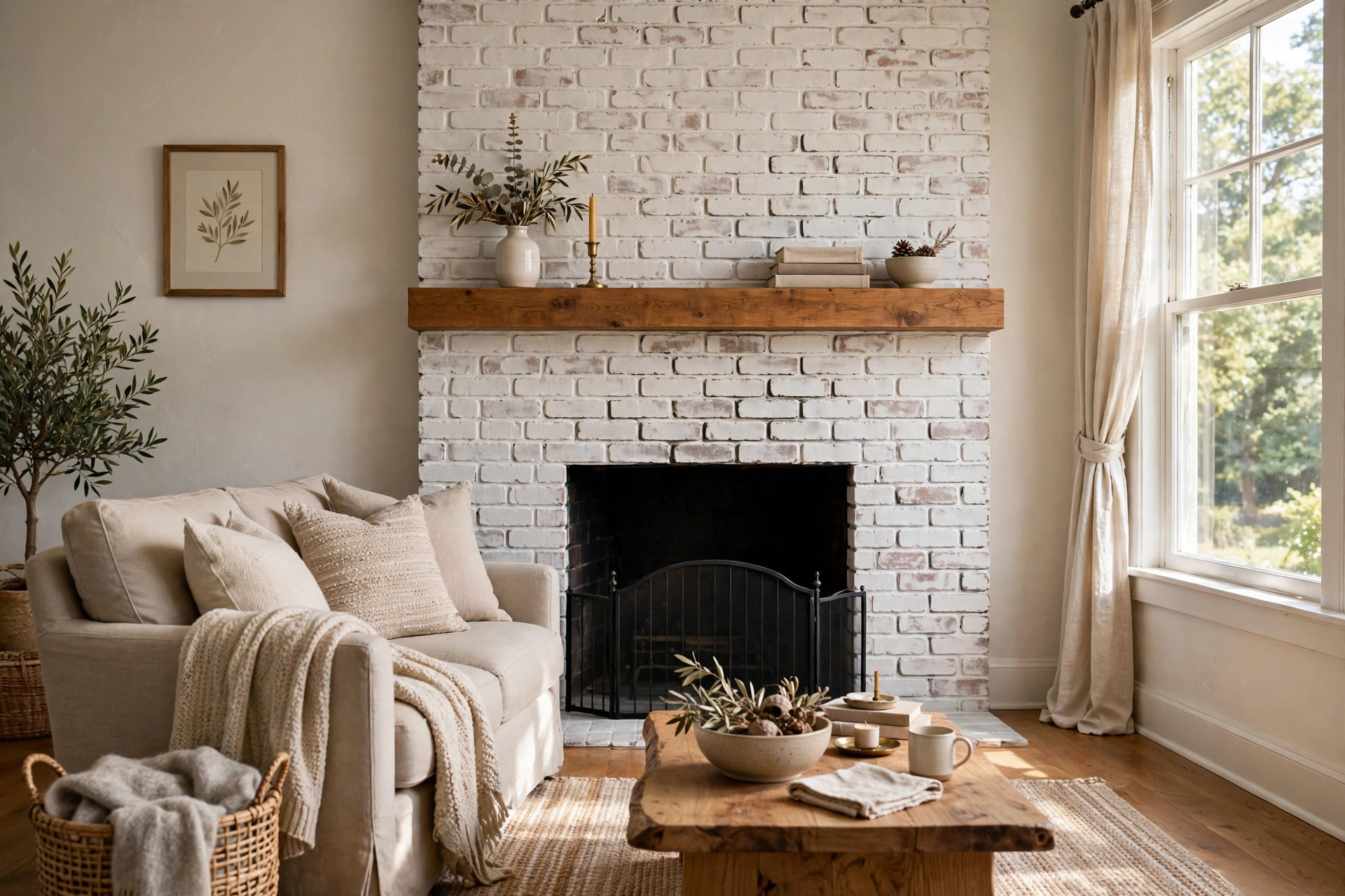 limewash brick fireplace kit reviews usa: Limewashed brick fireplace in a cozy American living room