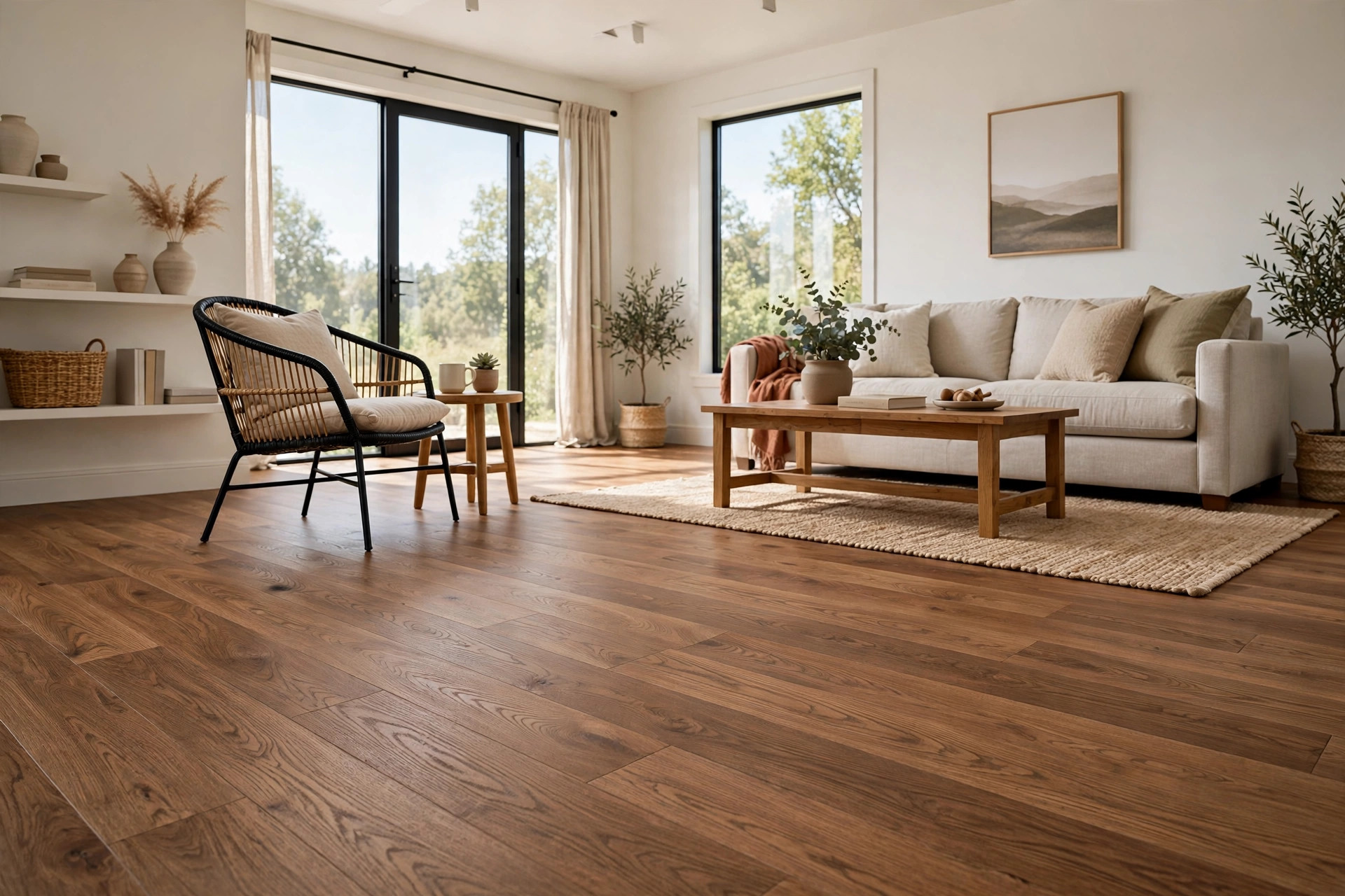 Engineered hardwood flooring cost per square foot shown in an American living room