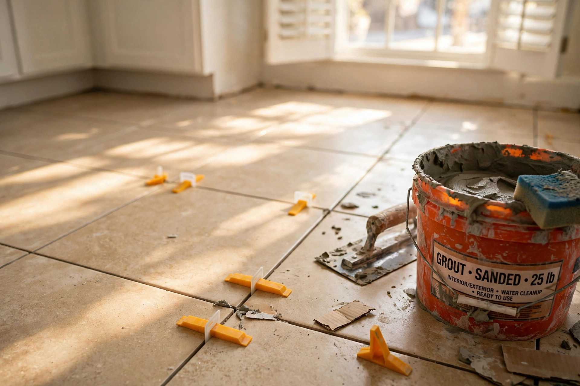 tile installation cost per square foot usa: Workers installing ceramic floor tile in an American kitchen