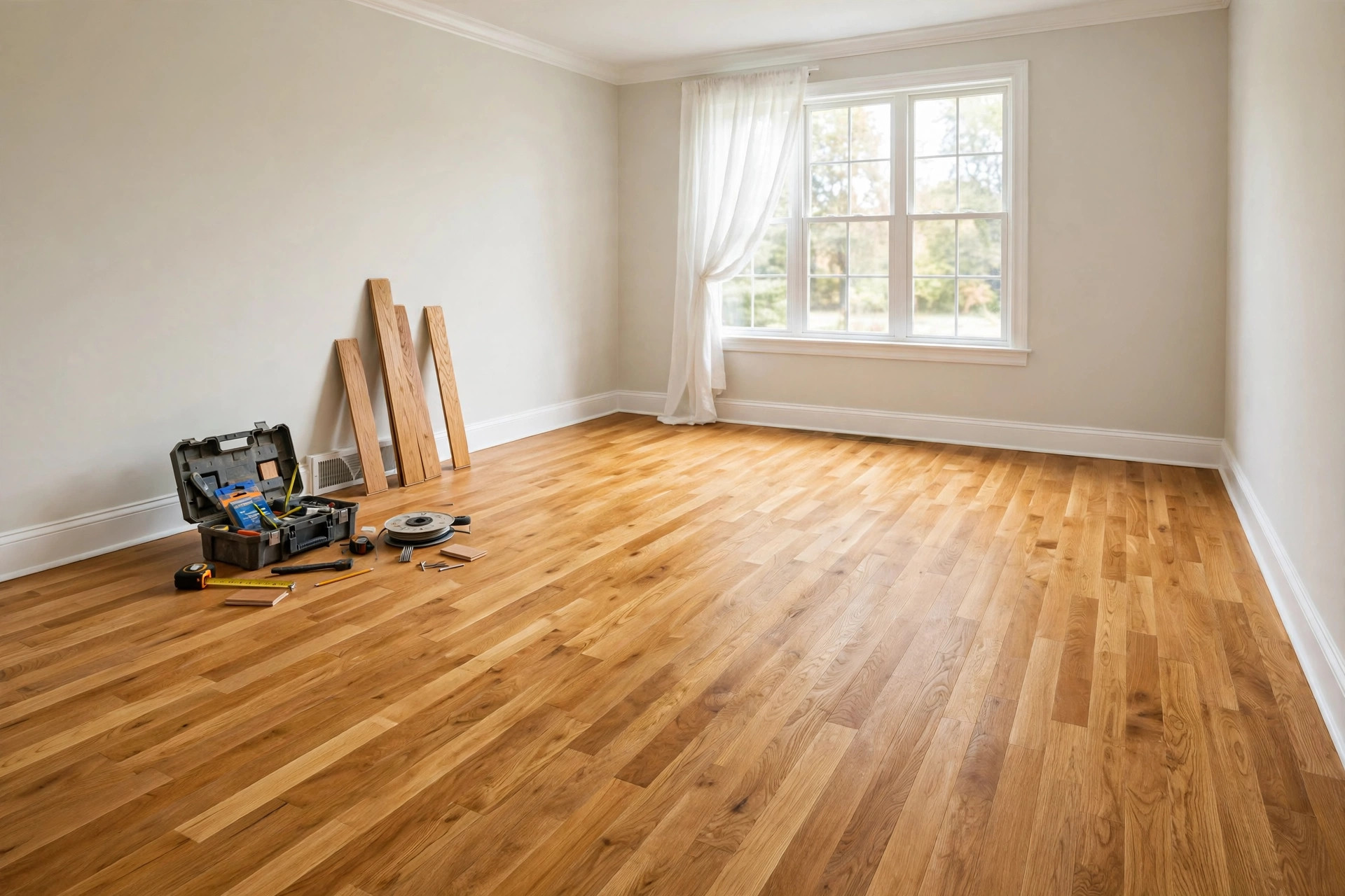 hardwood floor installation cost near me: Newly installed oak hardwood floors in an empty American living room