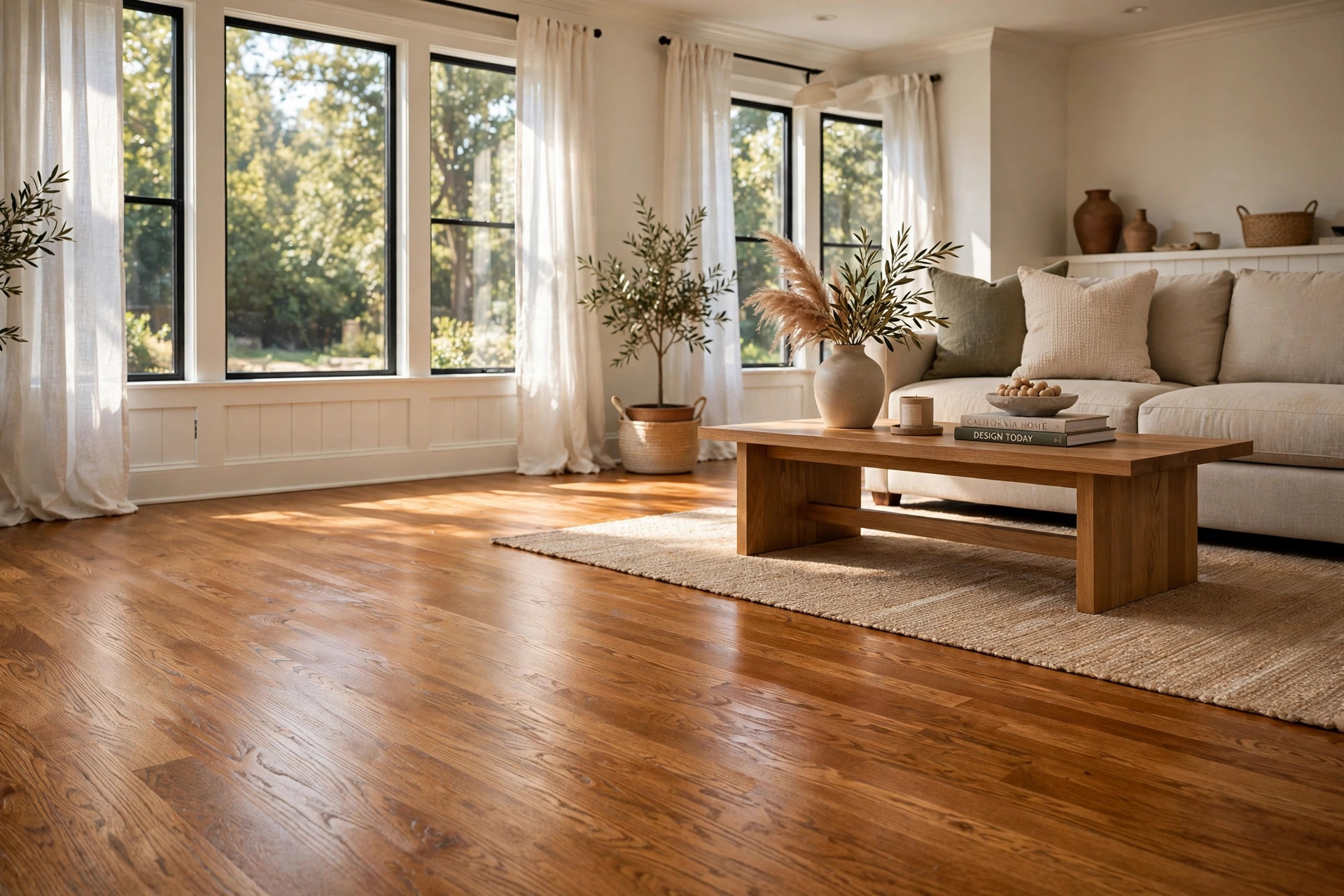 refinishing hardwood floors cost calculator: Refinished hardwood floors in an American home living room