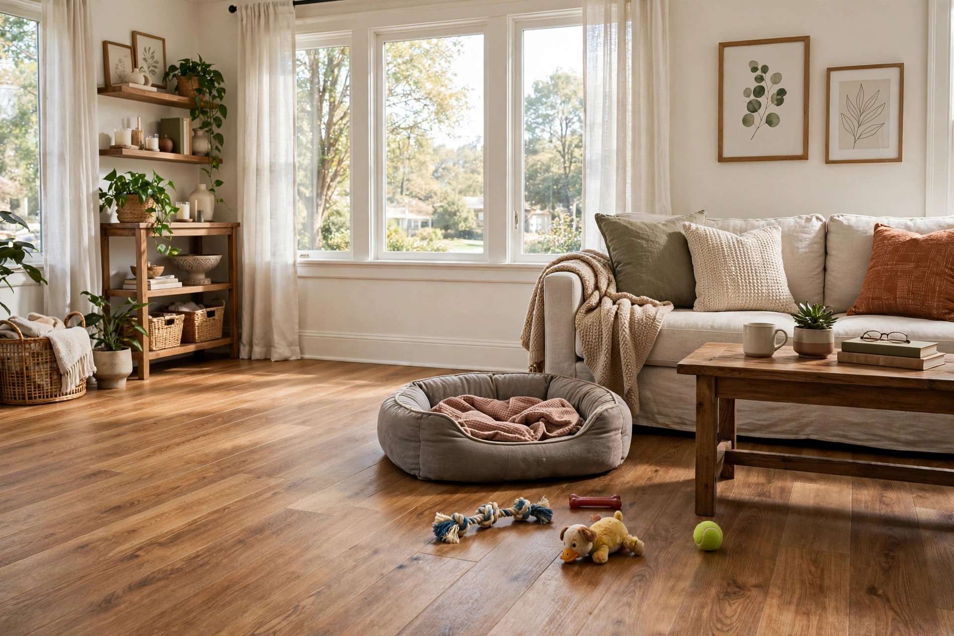 Pet friendly flooring options for USA homes with durable scratch-resistant floor in a living room