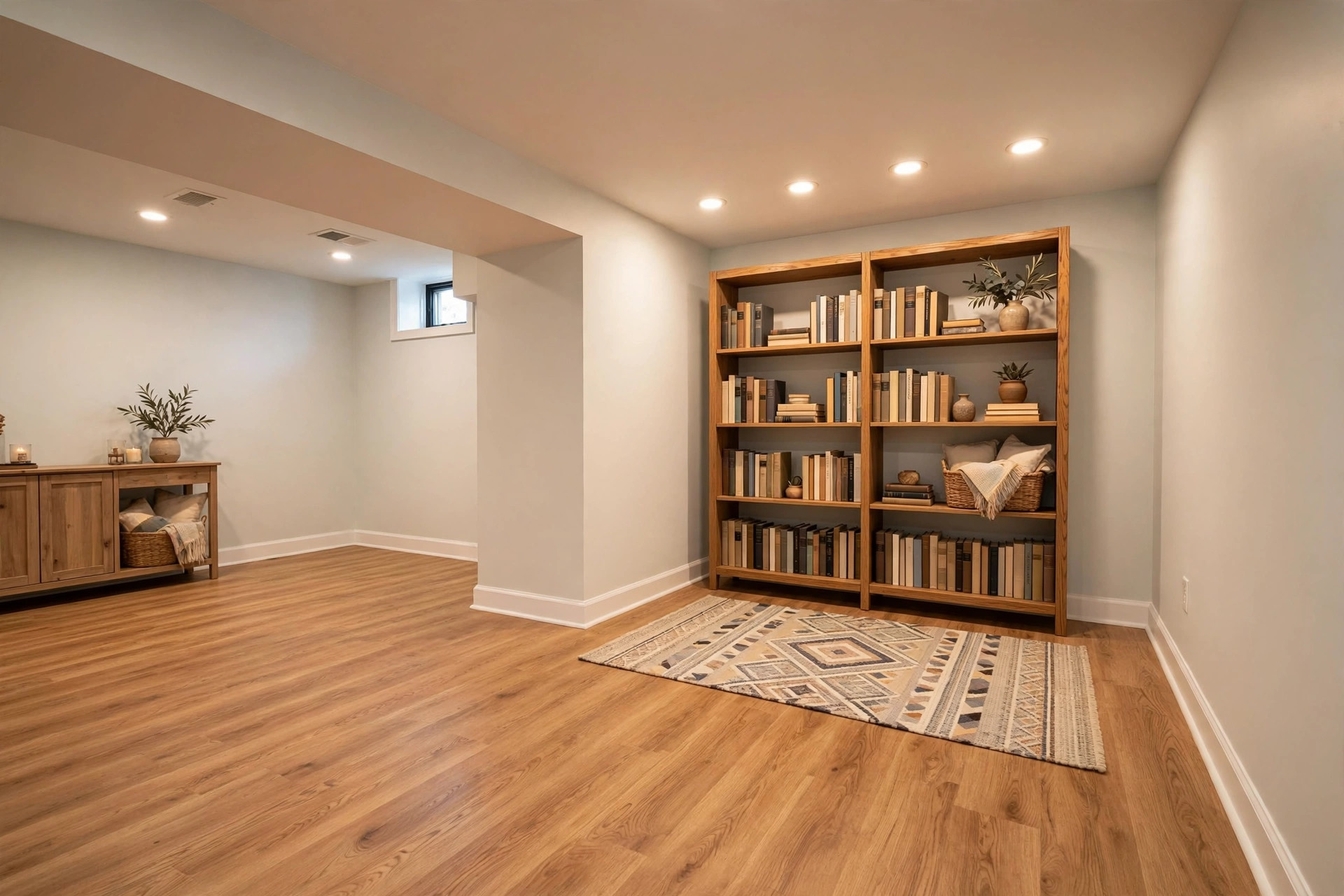 waterproof flooring for basements reviews usa: Waterproof luxury vinyl plank flooring installed in a finished basement in a USA home