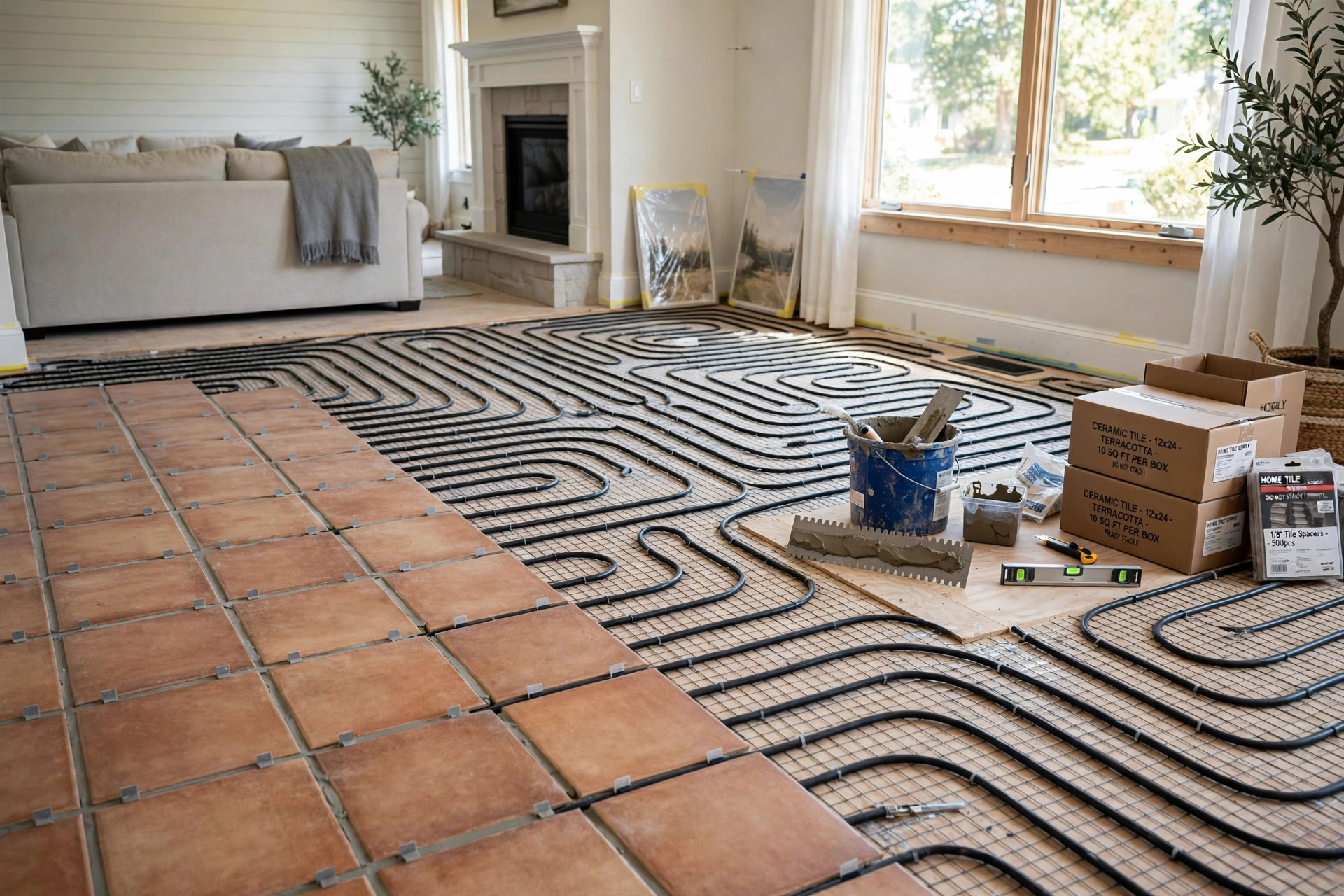 Radiant floor heating installation cost USA: ceramic tiles laid over heating mats in an American home