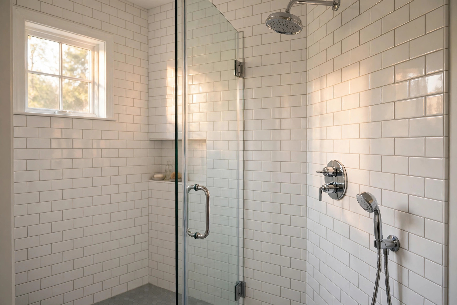 best tile for shower walls reviews usa: White subway tile shower walls with a rain shower head in an American bathroom