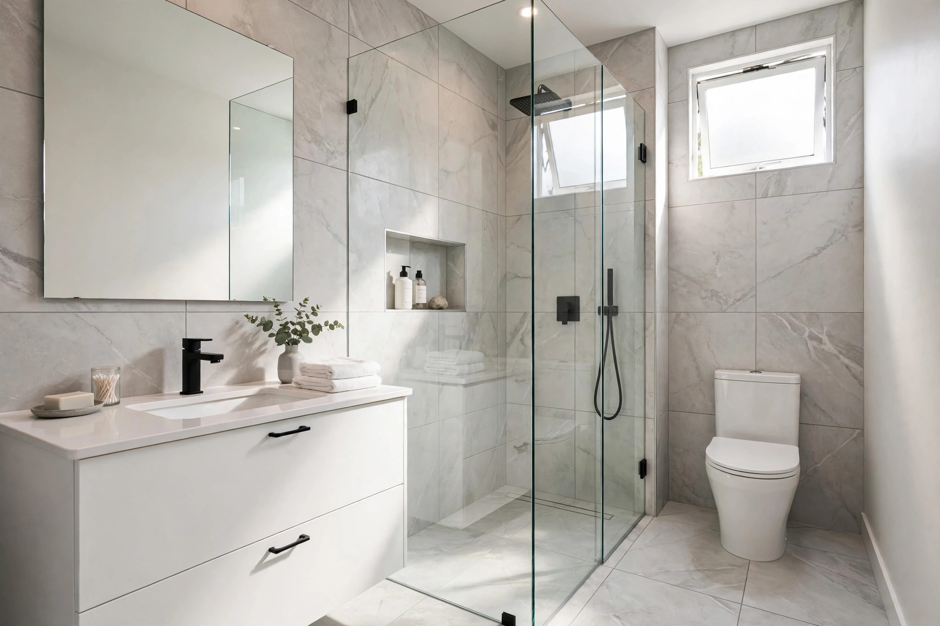 Large format tile for small bathroom USA installation shown in a small American bathroom