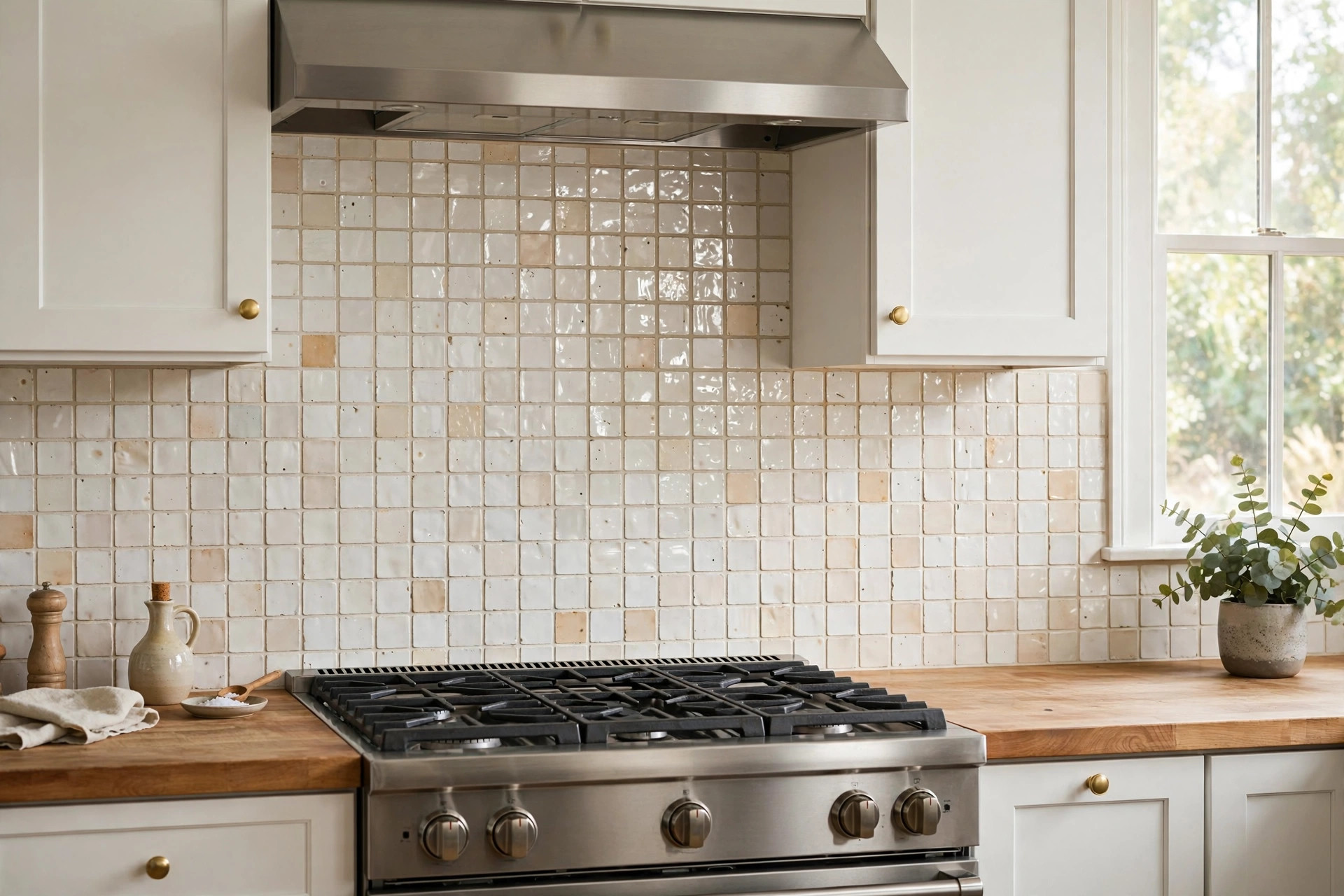 zellige tile backsplash cost and reviews: Glossy zellige tile backsplash behind a kitchen stove in an American home