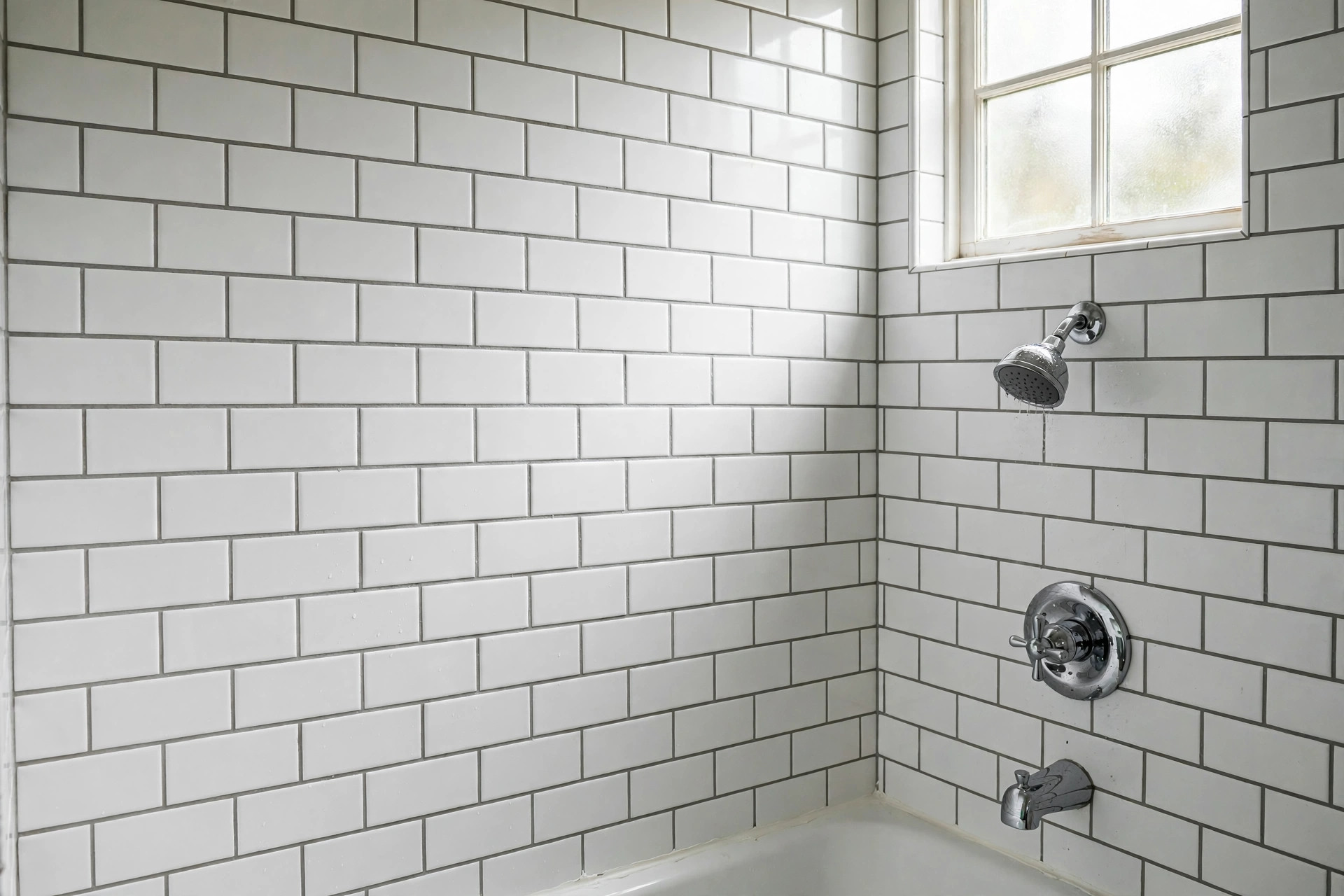 regrouting shower tile cost near me: A close view of a clean regrouted shower tile wall with fresh bright grout lines