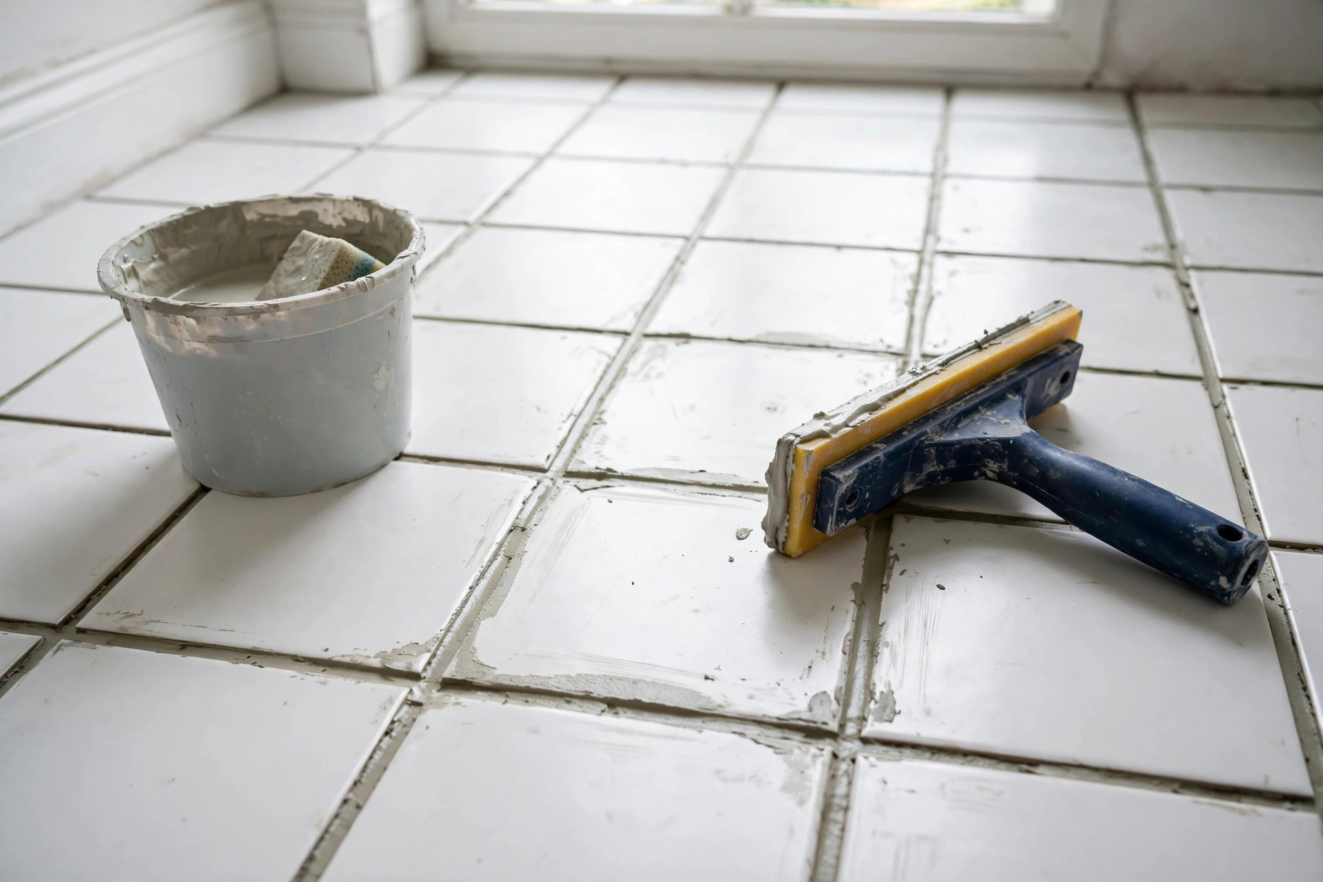 tile regrouting service reviews near me: Tile regrouting in progress on a bathroom floor
