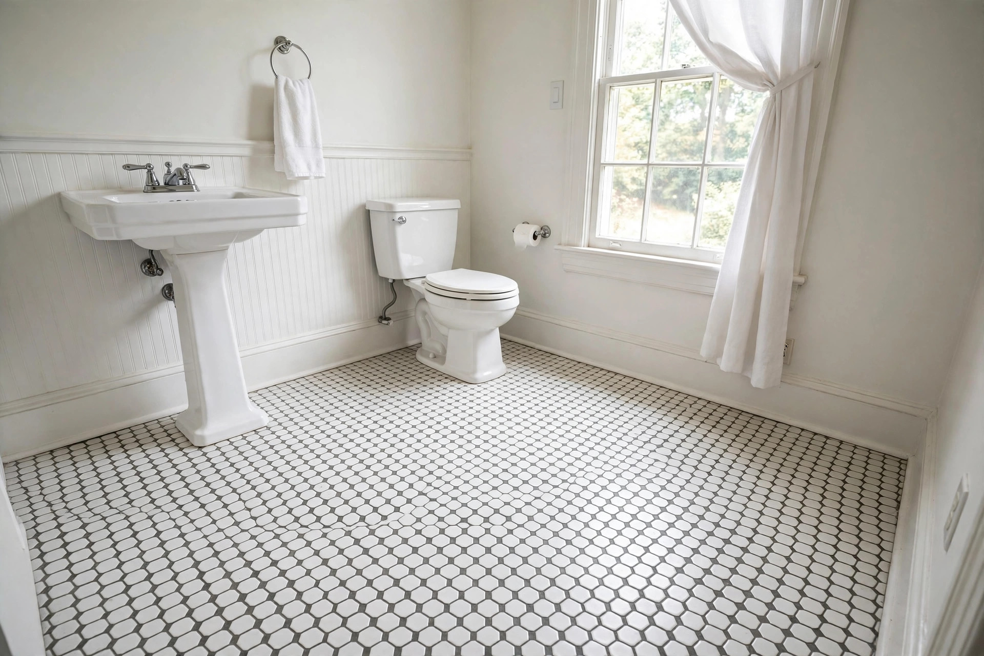 hexagon tile bathroom floor ideas usa: Hexagon tile bathroom floor with white honeycomb tile and dark grout in a real American bathroom