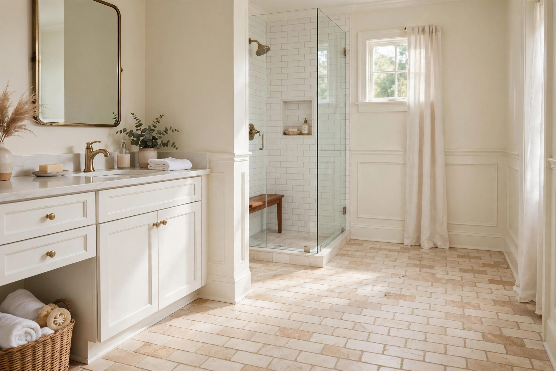 travertine tile for bathroom floor reviews: Travertine tile bathroom floor in a bright American home bathroom