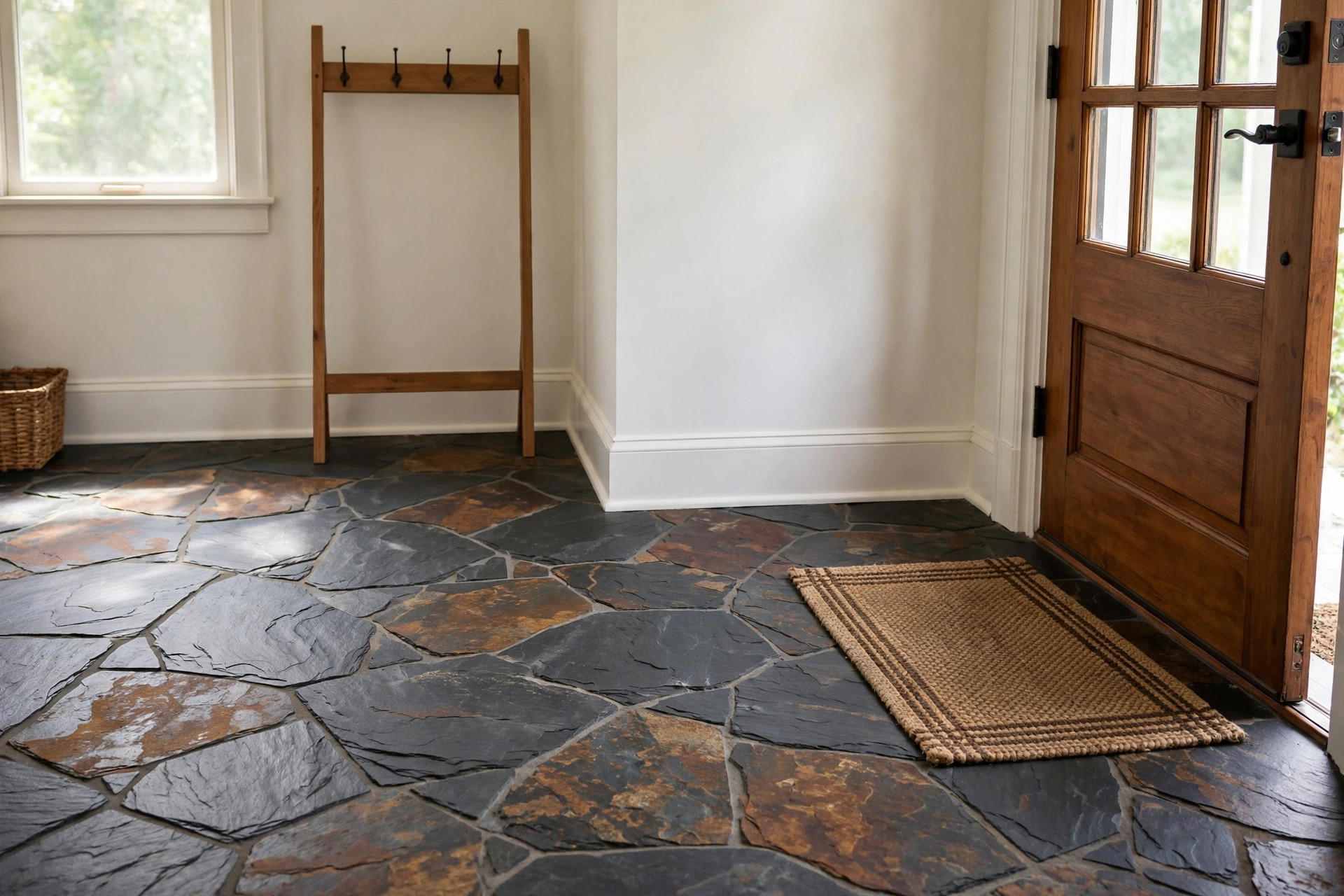 slate tile flooring for entryway usa: Slate tile flooring for entryway in a bright American foyer