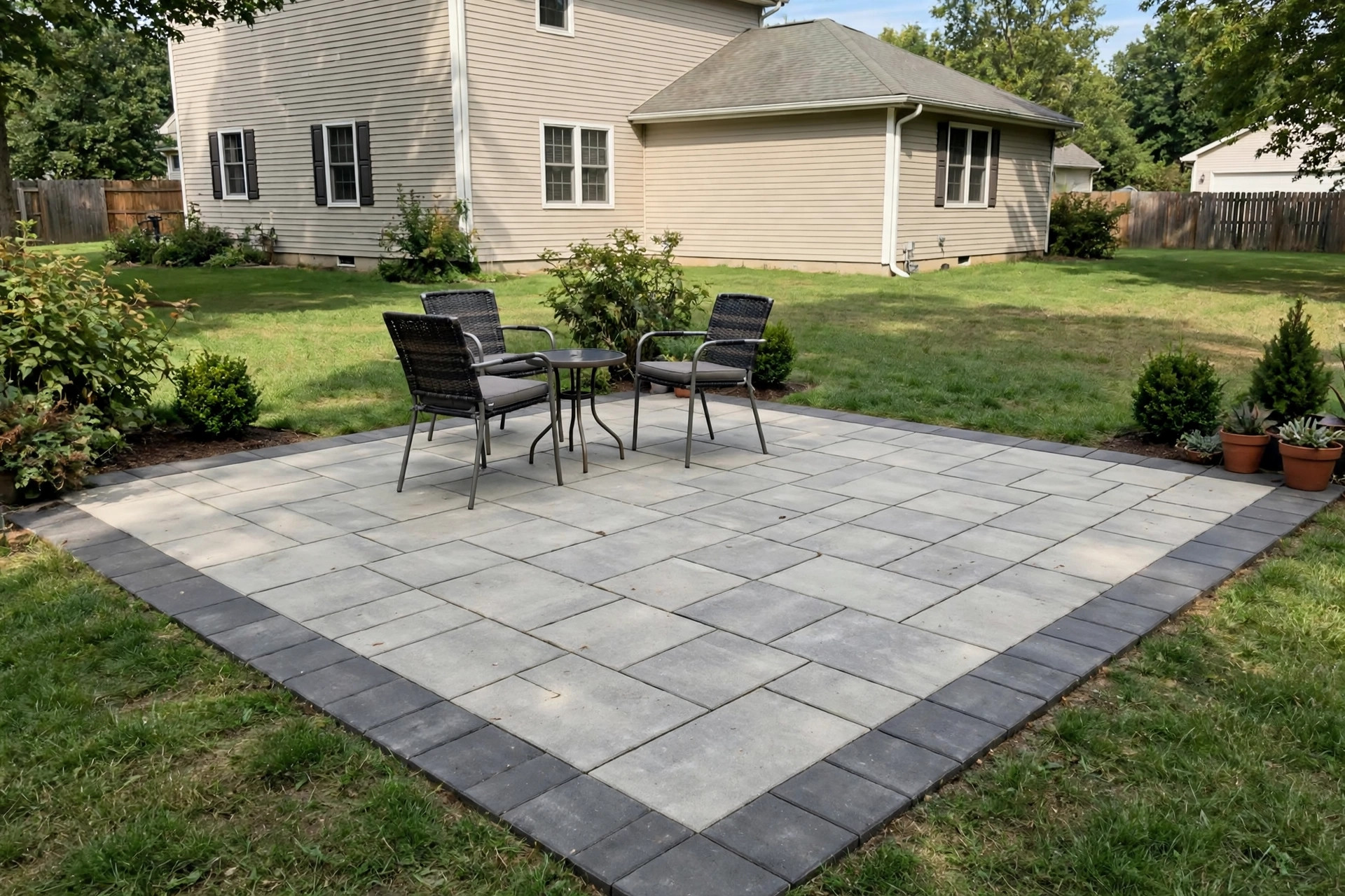 Paver patio cost calculator for USA homes: a stone paver patio behind an American house