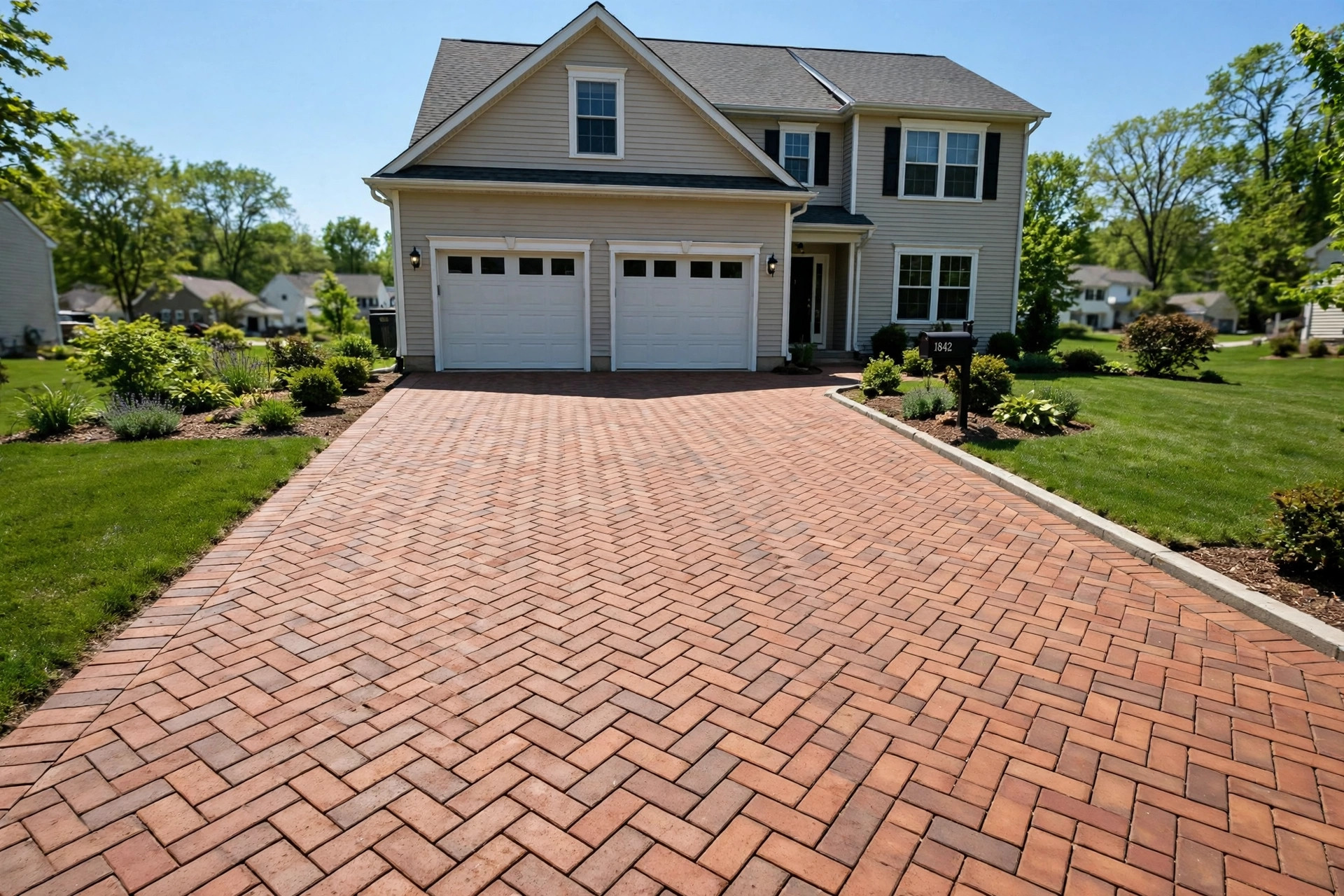 Brick paver driveway cost per square foot guide with a new paver driveway in front of an American home