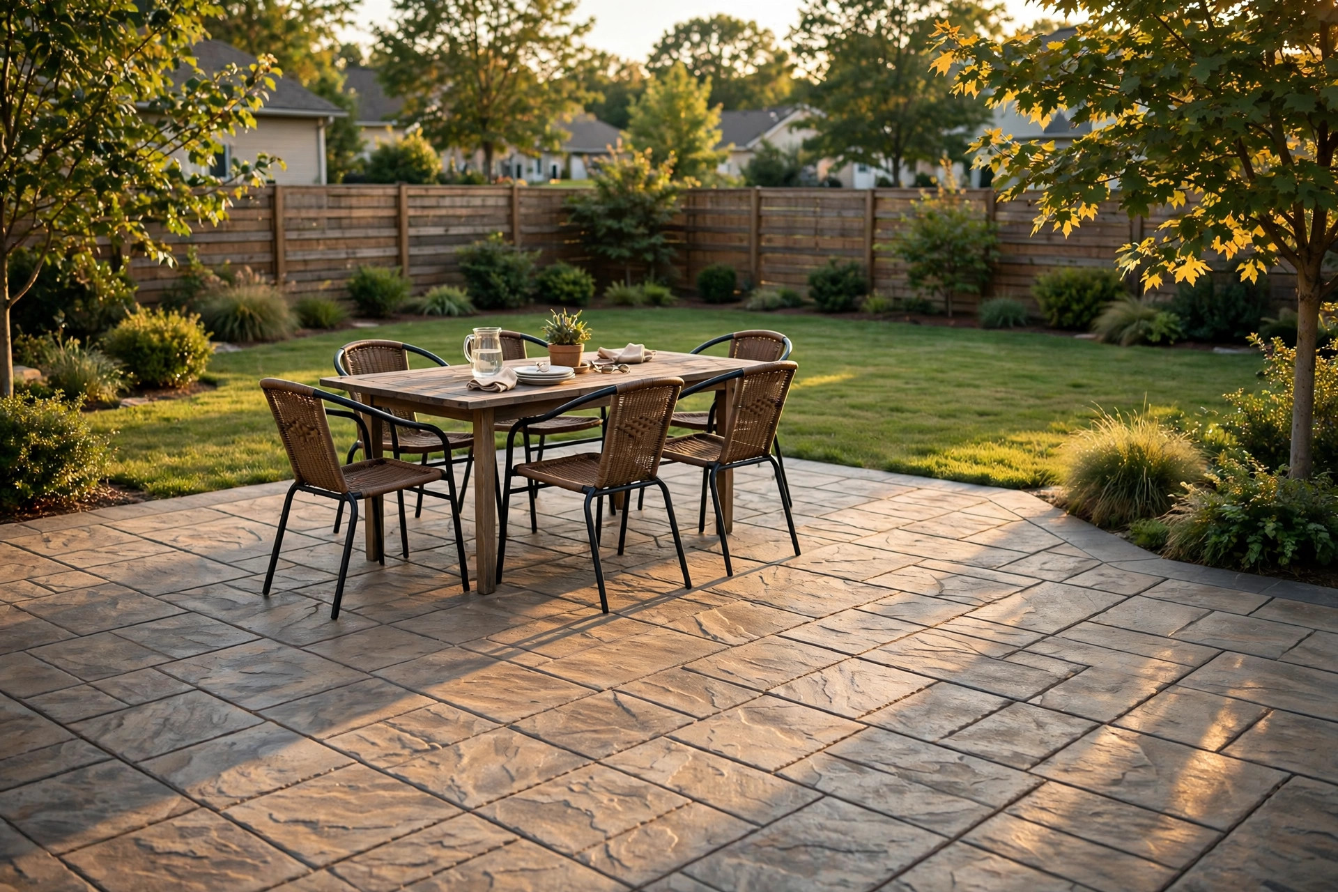 Stamped concrete patio cost per square foot in an American backyard