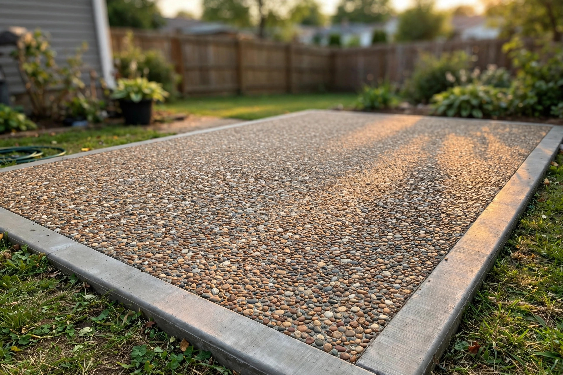 exposed aggregate concrete cost near me: Exposed aggregate concrete patio with pebble finish