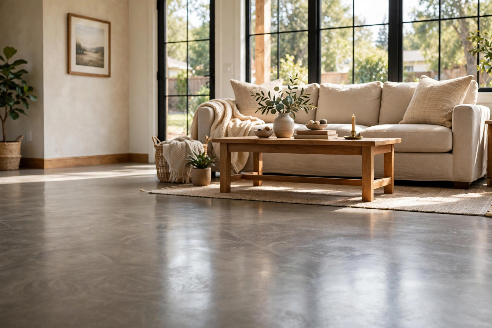 Polished concrete floor in a bright American living room, the subject of the polished concrete floors cost residential USA guide