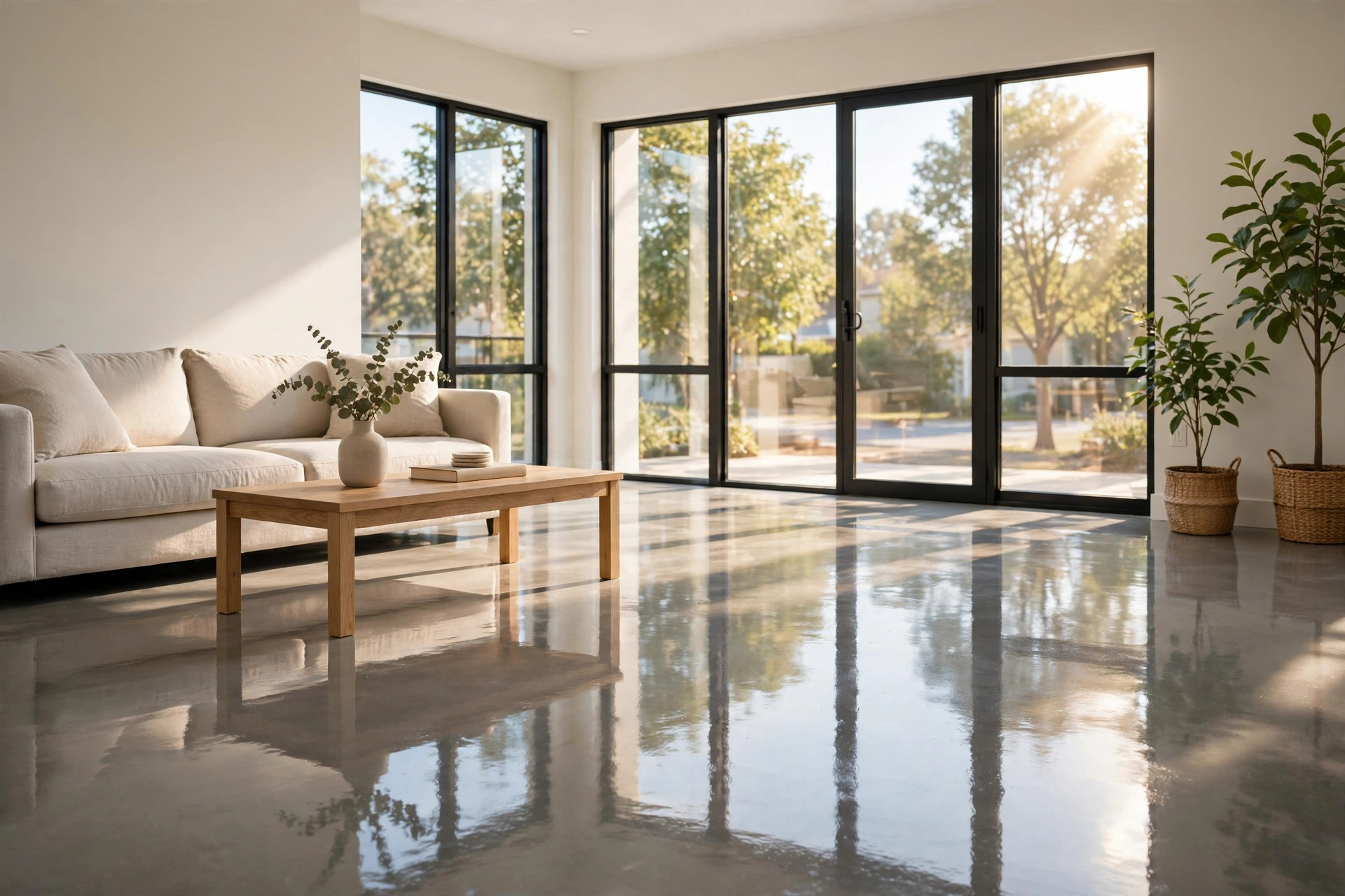 A polished concrete floor gleaming in a bright American living room — concrete polishing service near me reviews