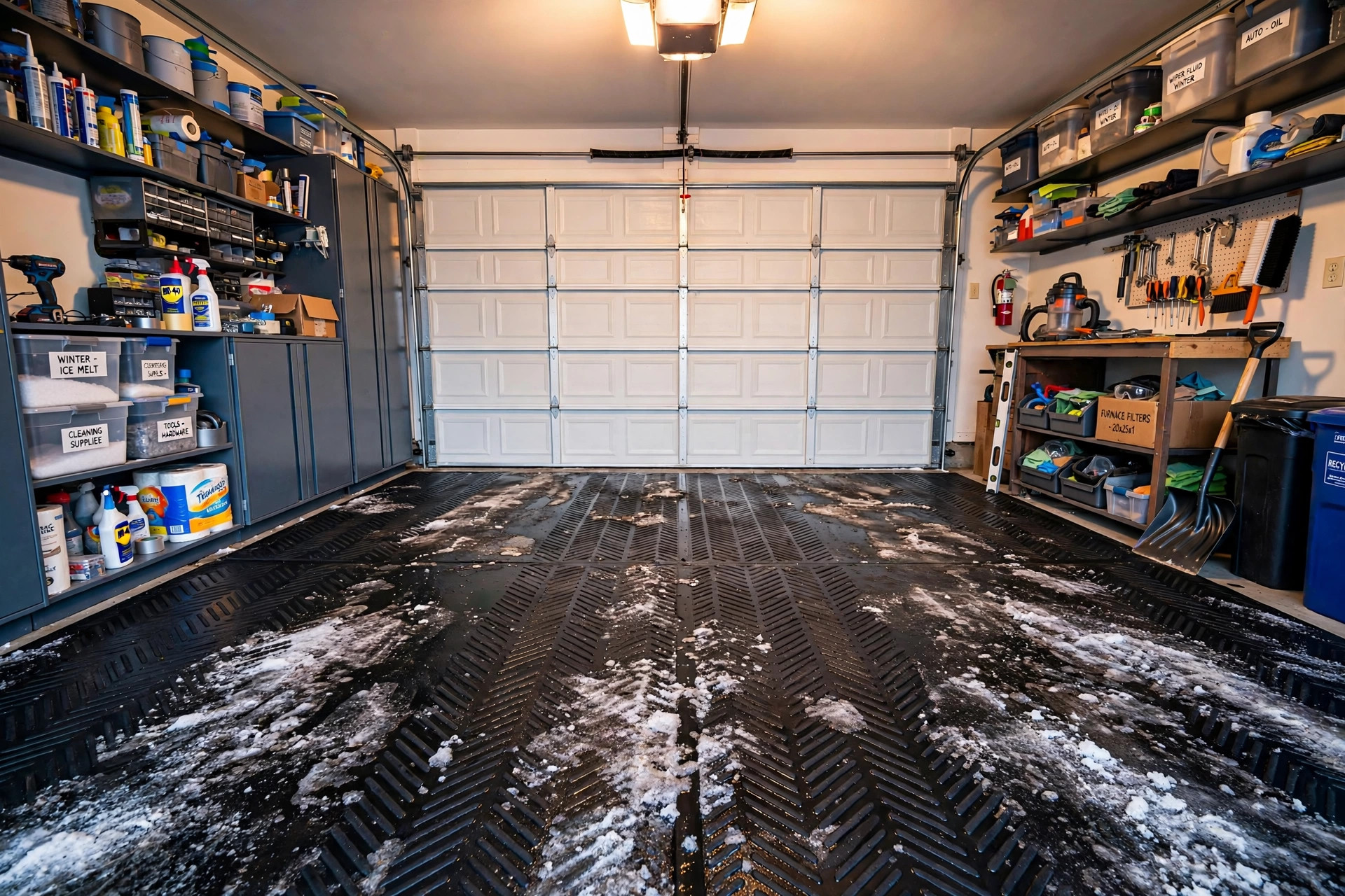 best garage floor mats for winter usa: Winter garage floor mats under parked cars in an American home garage