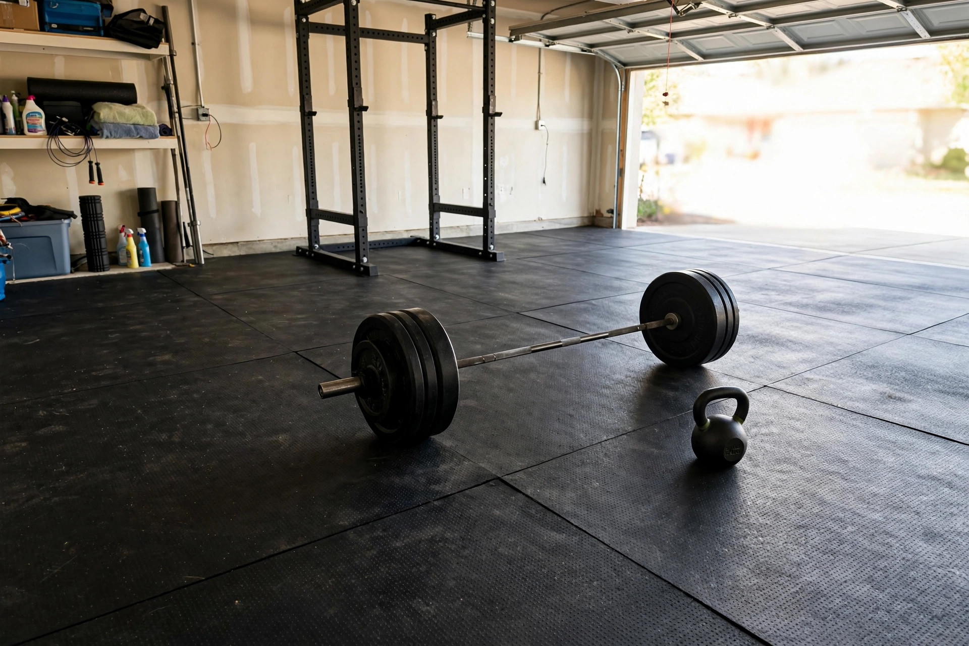 horse stall mats for home gym reviews: Horse stall mats for home gym covering a garage floor workout room