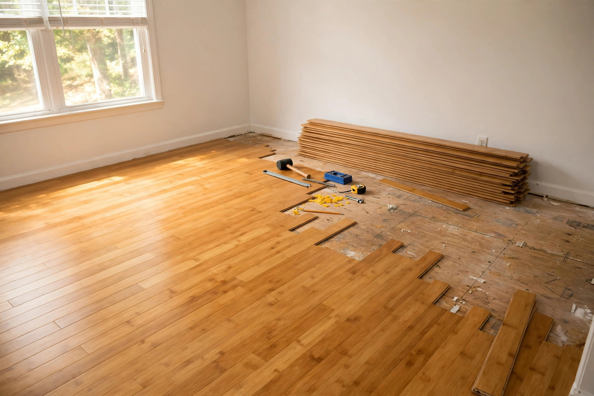 solid vs engineered bamboo flooring usa: Bamboo flooring being installed in an American living room