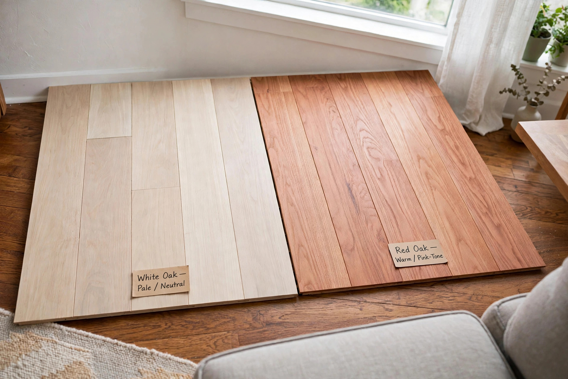 white oak vs red oak flooring comparison: White oak and red oak hardwood floor samples in a bright American living room