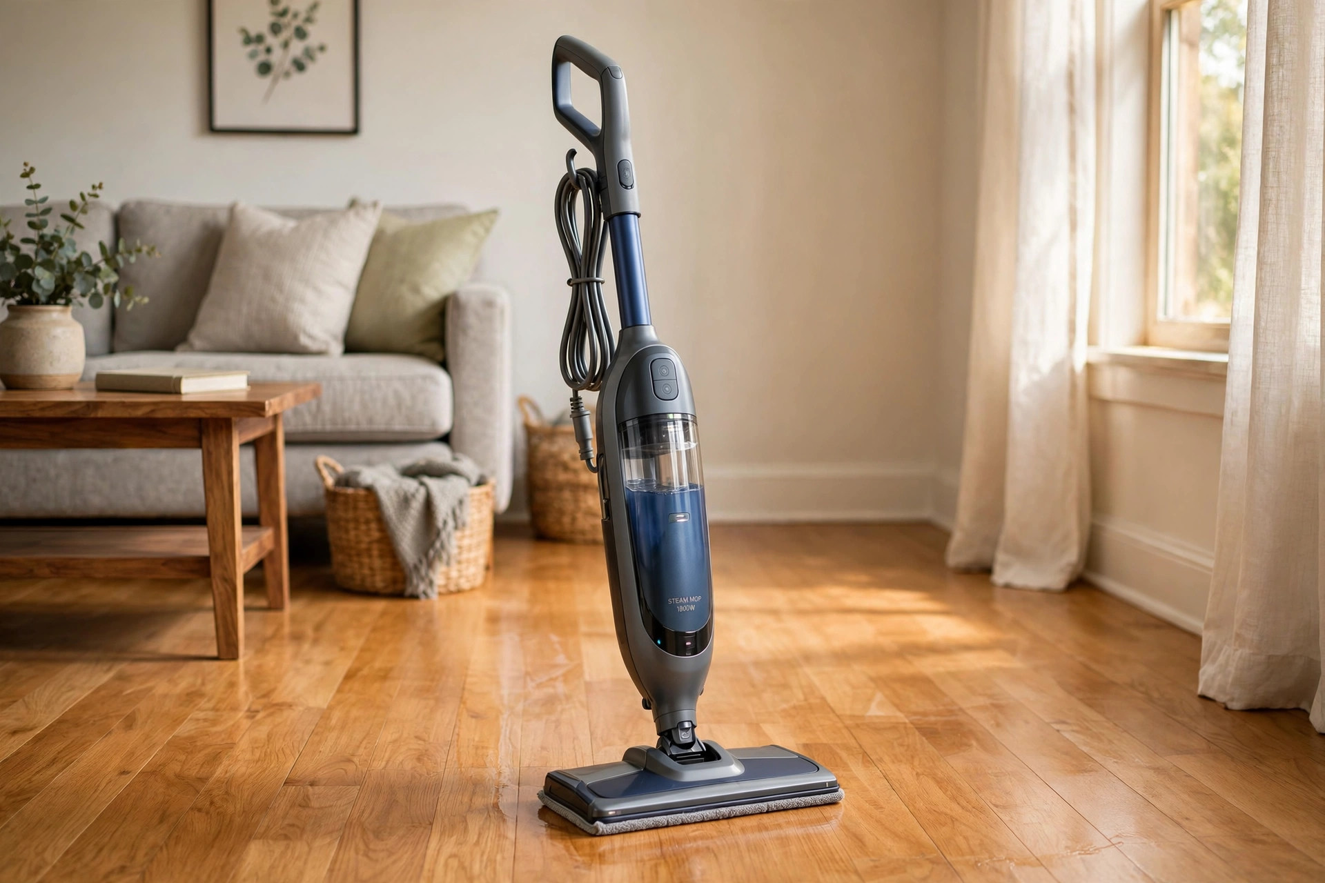 steam mop for hardwood floors safe usa: A steam mop for hardwood floors standing on a clean wood floor in an American home
